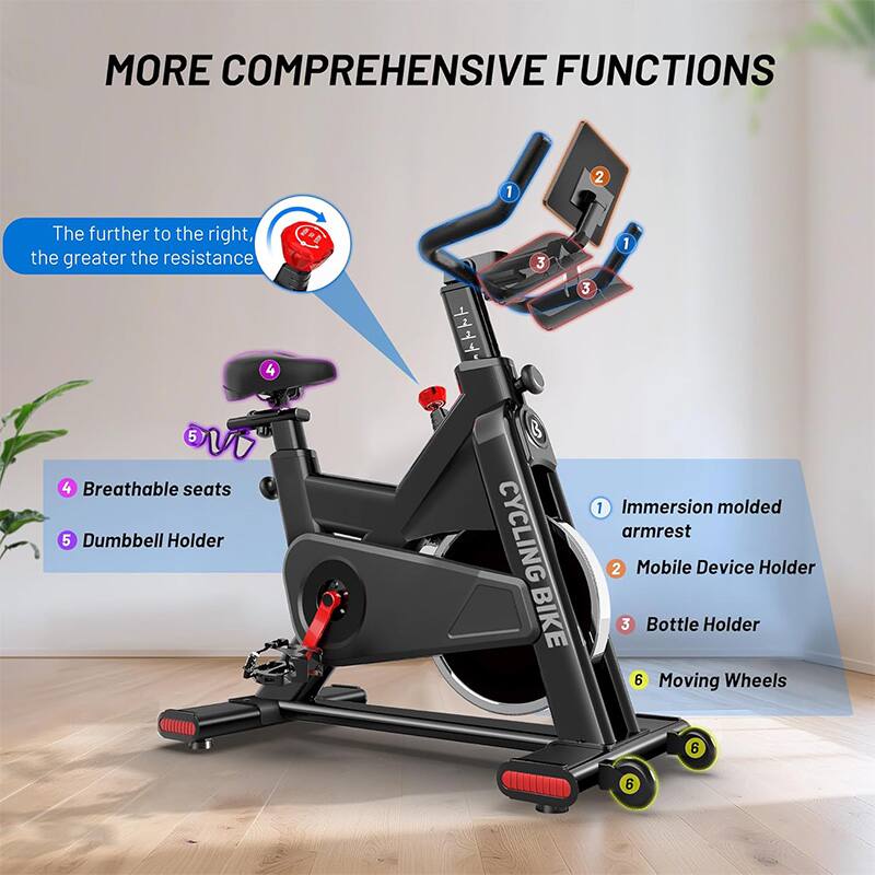 MORE COMPREHENSIVE FUNCTIONS

1. Immersion molded armrest
2. Mobile Device Holder
3. Bottle Holder
4. Breathable seats
5. Dumbbell Holder
6. Moving Wheels

The further to the right, the greater the resistance