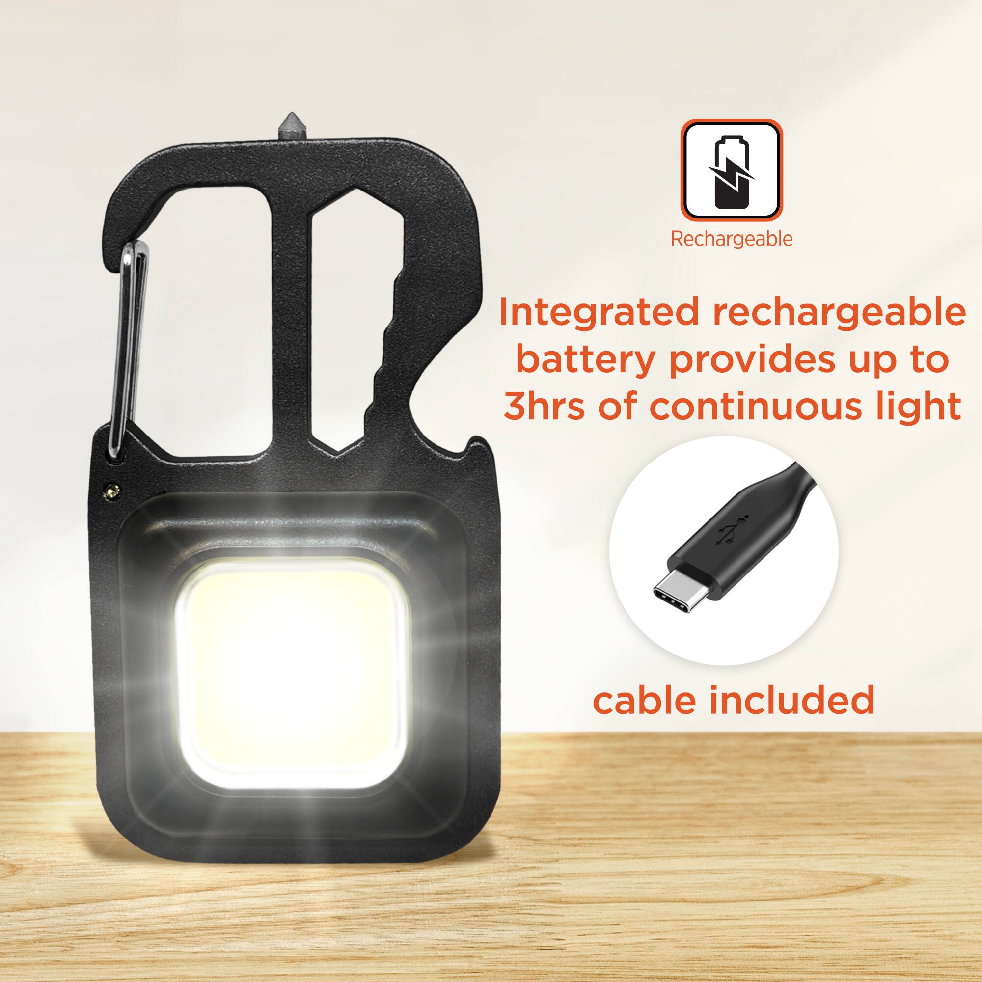 Integrated rechargeable battery provides up to 3hrs of continuous light  
cable included