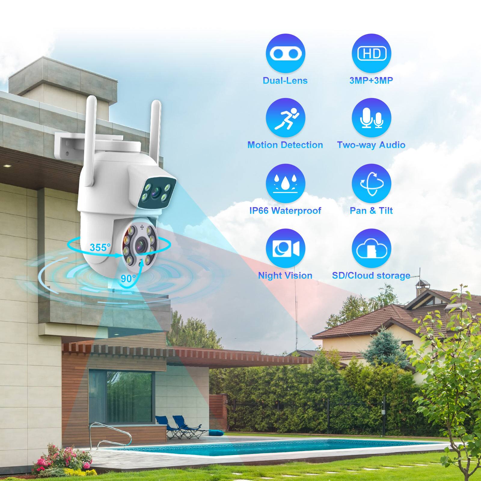 HD Dual-Lens 3MP+3MP  
Motion Detection  
Two-way Audio  
IP66 Waterproof  
Pan & Tilt  
355°  
90°  
Night Vision  
SD/Cloud storage