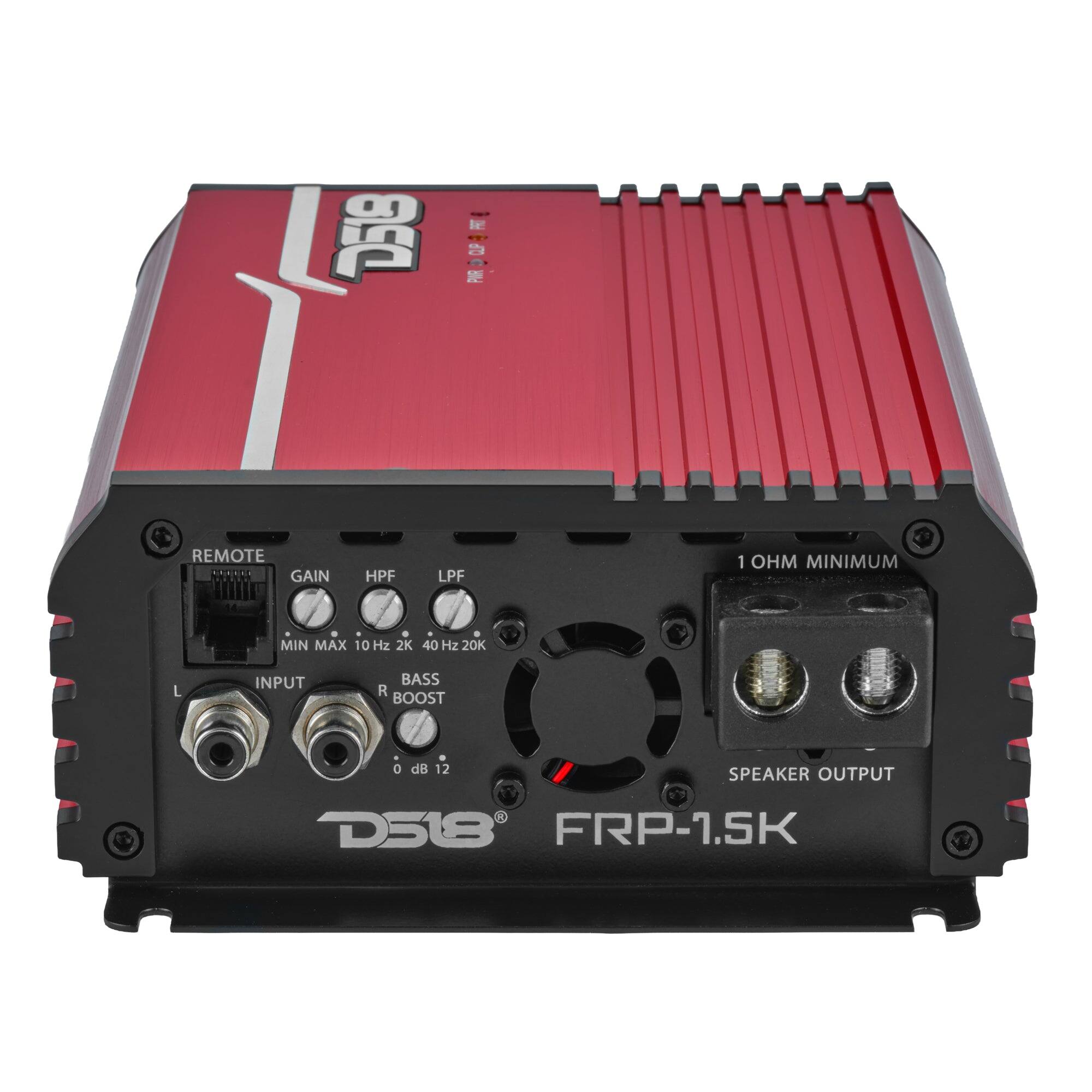 D518  
499 CLIP PWR  
REMOTE CONTROL  
GAIN  
HPF  
LPF  
1 OHM MINIMUM  
MIN MAX 10 Hz 2K 40 Hz 20K  
INPUT  
BASS R BOOST  
0 dB 12  
SPEAKER OUTPUT  
D518 FRP-1.5K