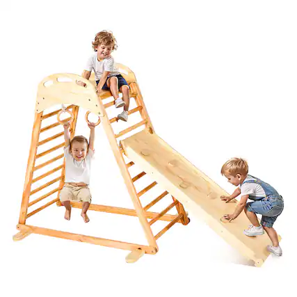 Front. VEVOR - Indoor Wooden Playground Jungle Gym, 4-in-1 Climbing Playset for Kids, Montessori Toddler Activity Set with Rock Climber - Wood color.