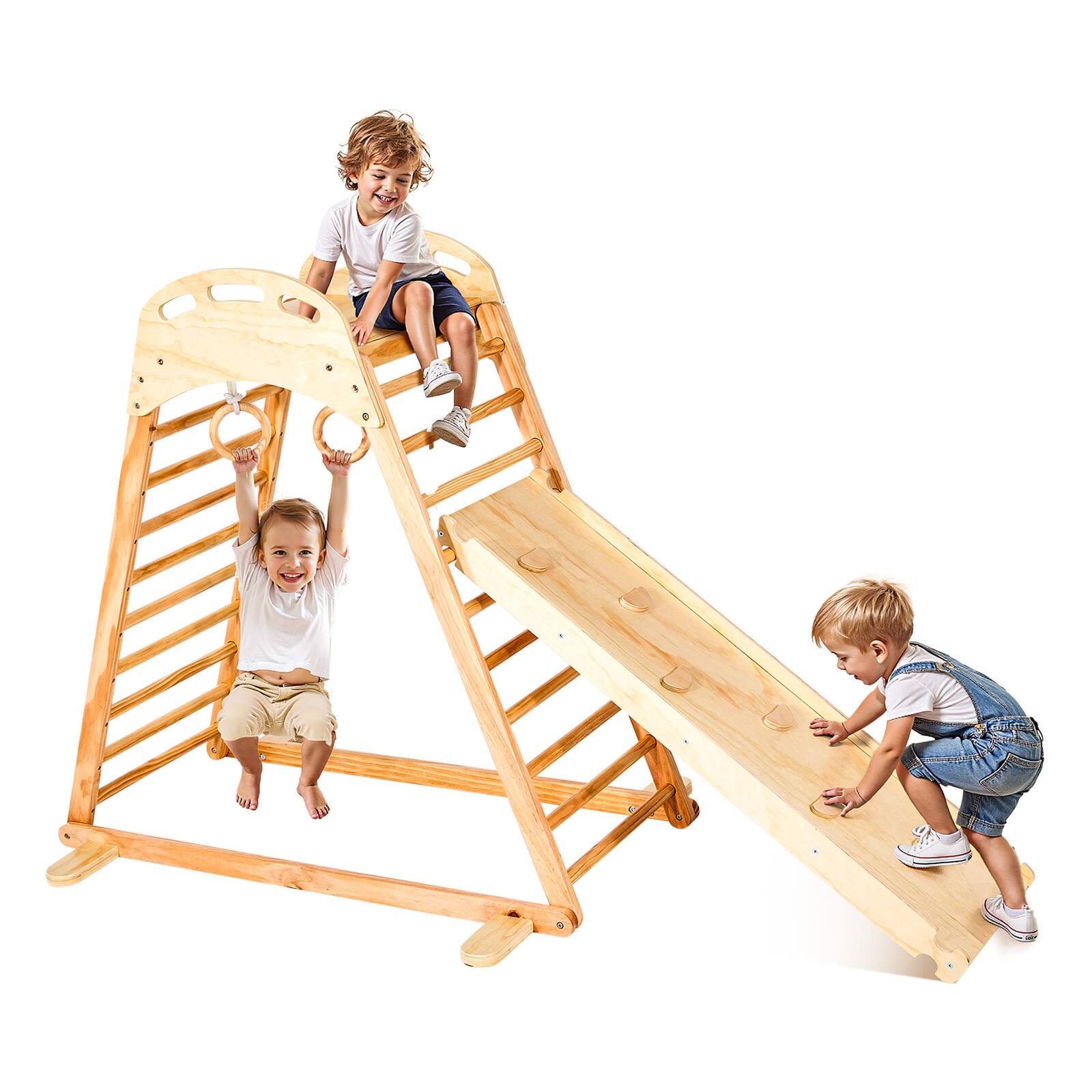 Front. VEVOR - Indoor Wooden Playground Jungle Gym, 4-in-1 Climbing Playset for Kids, Montessori Toddler Activity Set with Rock Climber - Wood color.