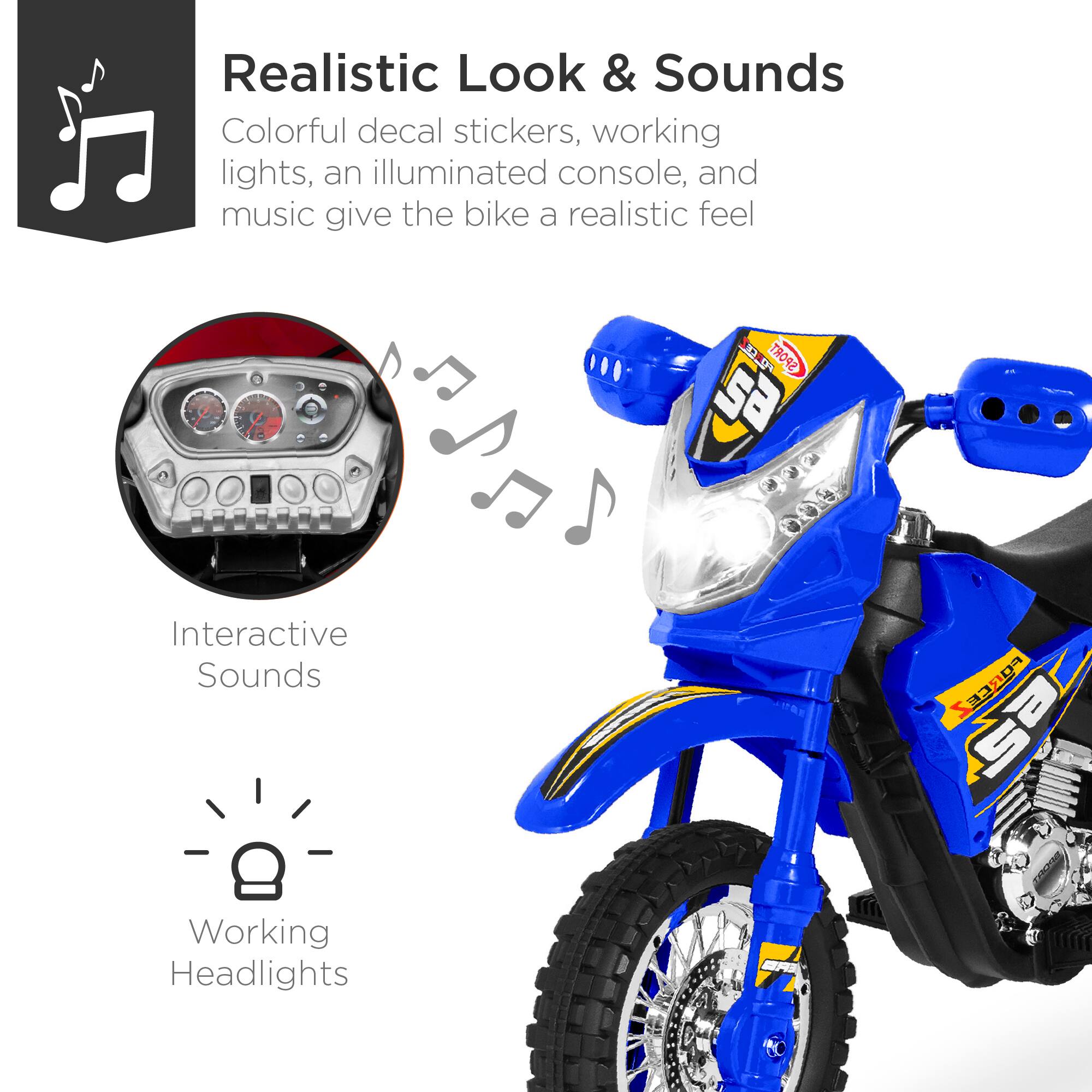 Realistic Look & Sounds: Colorful decal stickers, working lights, an illuminated console, and music give the bike a realistic feel. Interactive Sounds. Working Headlights.