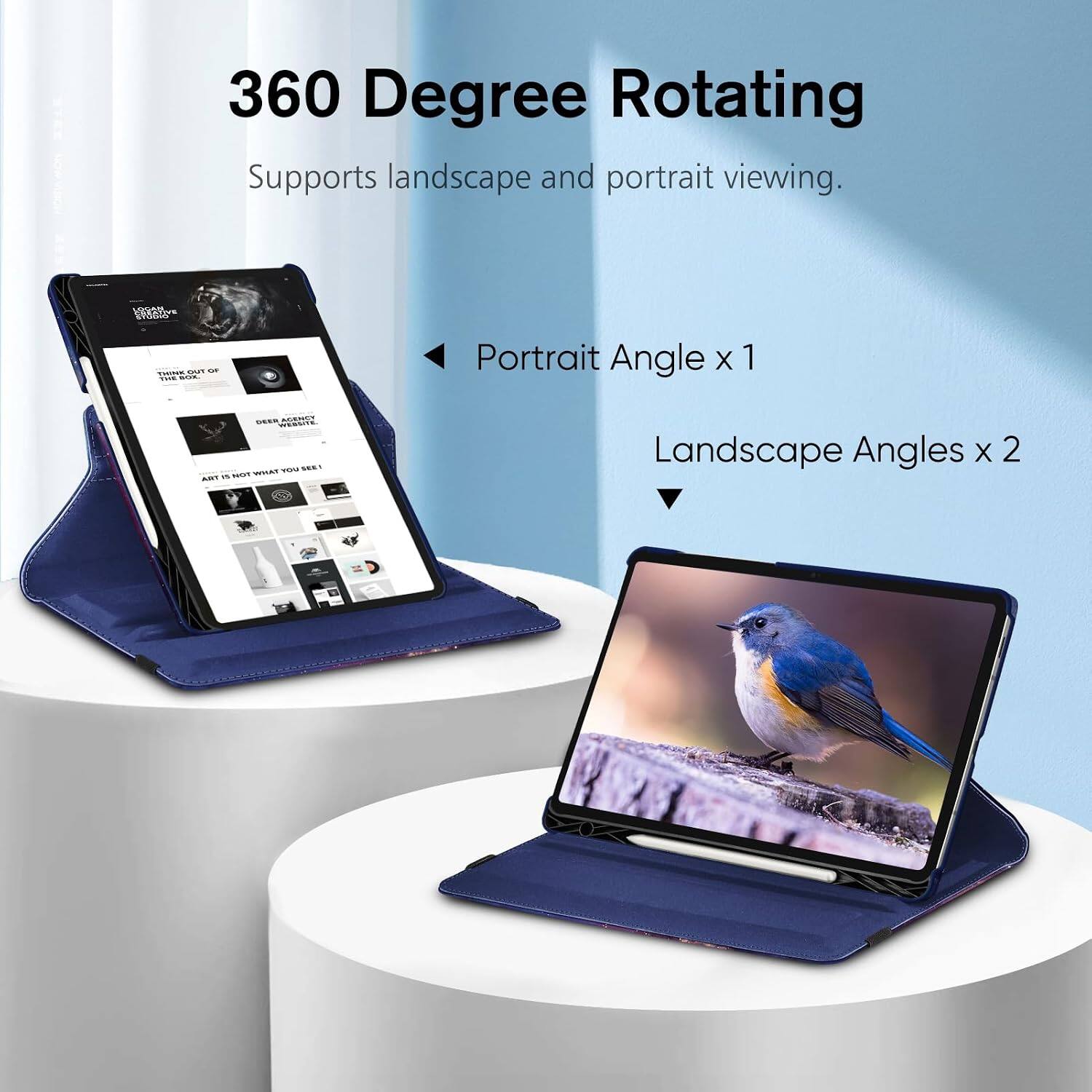 360 Degree Rotating Supports landscape and portrait viewing.

LOGAN CREANNE STUDIO
THINK OUT OF THE BOX.

Portrait Angle x 1
DEER ACENCY WEBSITE. YOU SEE! a NOT WHAT TRA

Landscape Angles x 2