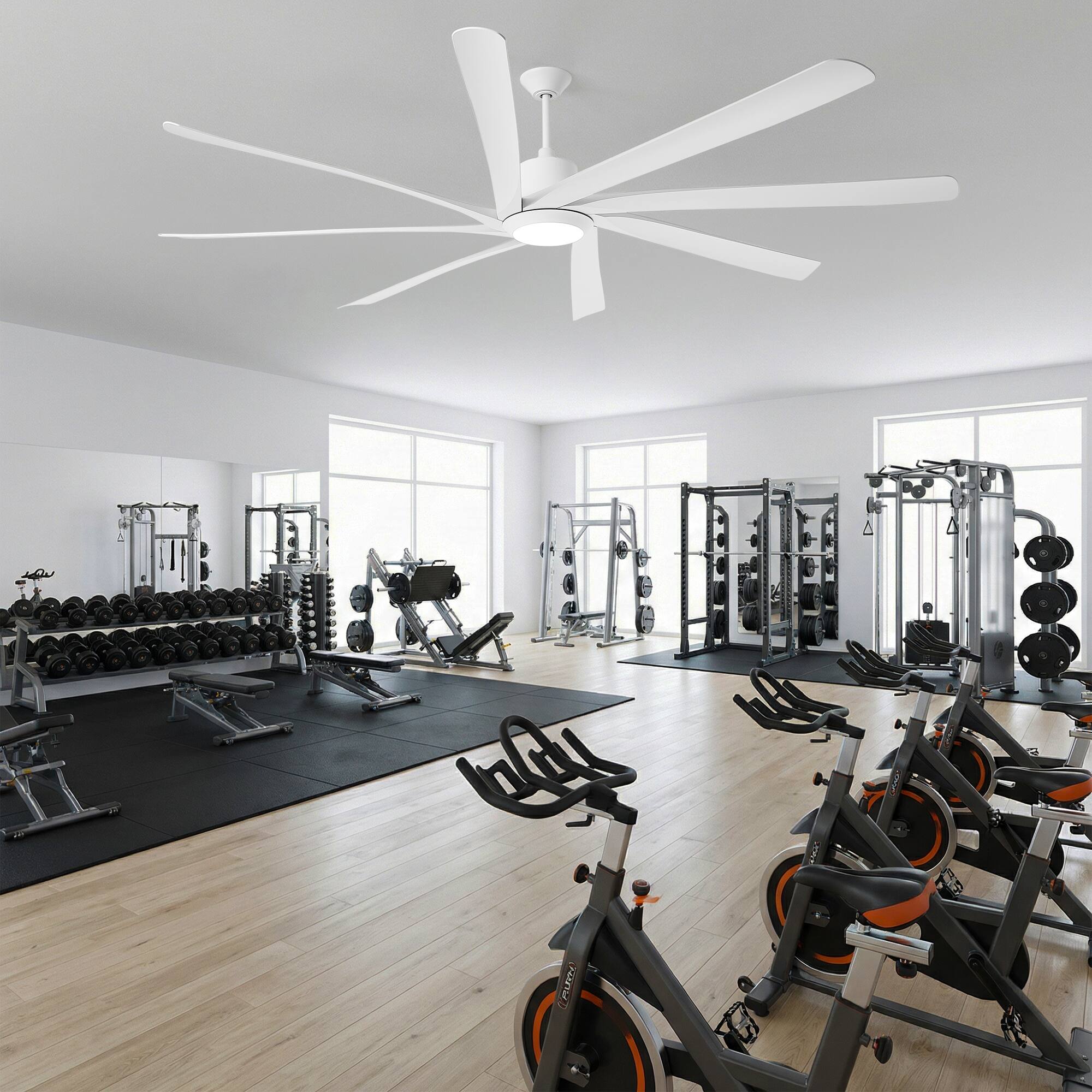 Back. Parrot Uncle - 100'' White Downrod Mount LED Ceiling Fan with Remote and 8 ABS Blades - White.