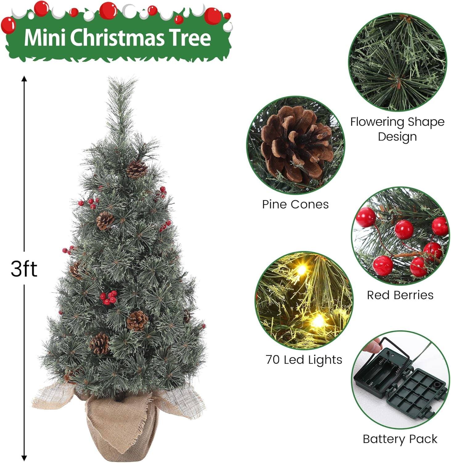 Angle. GARVEE - 3ft Pre-Lit Christmas Tree, Tabletop with 78 Warm White LED Lights, Berry Clusters, Battery Operated Decor - Green 3ft.