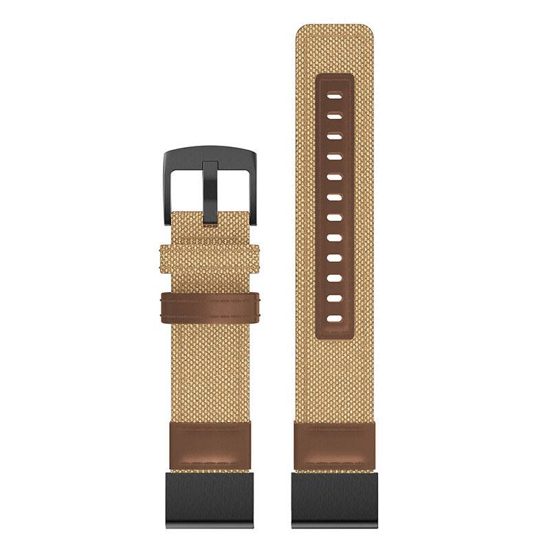 Left. StrapsCo - Rugged Canvas Band QuickFit 22 Watch Strap For Garmin Forerunner 965 - Green & Brown.
