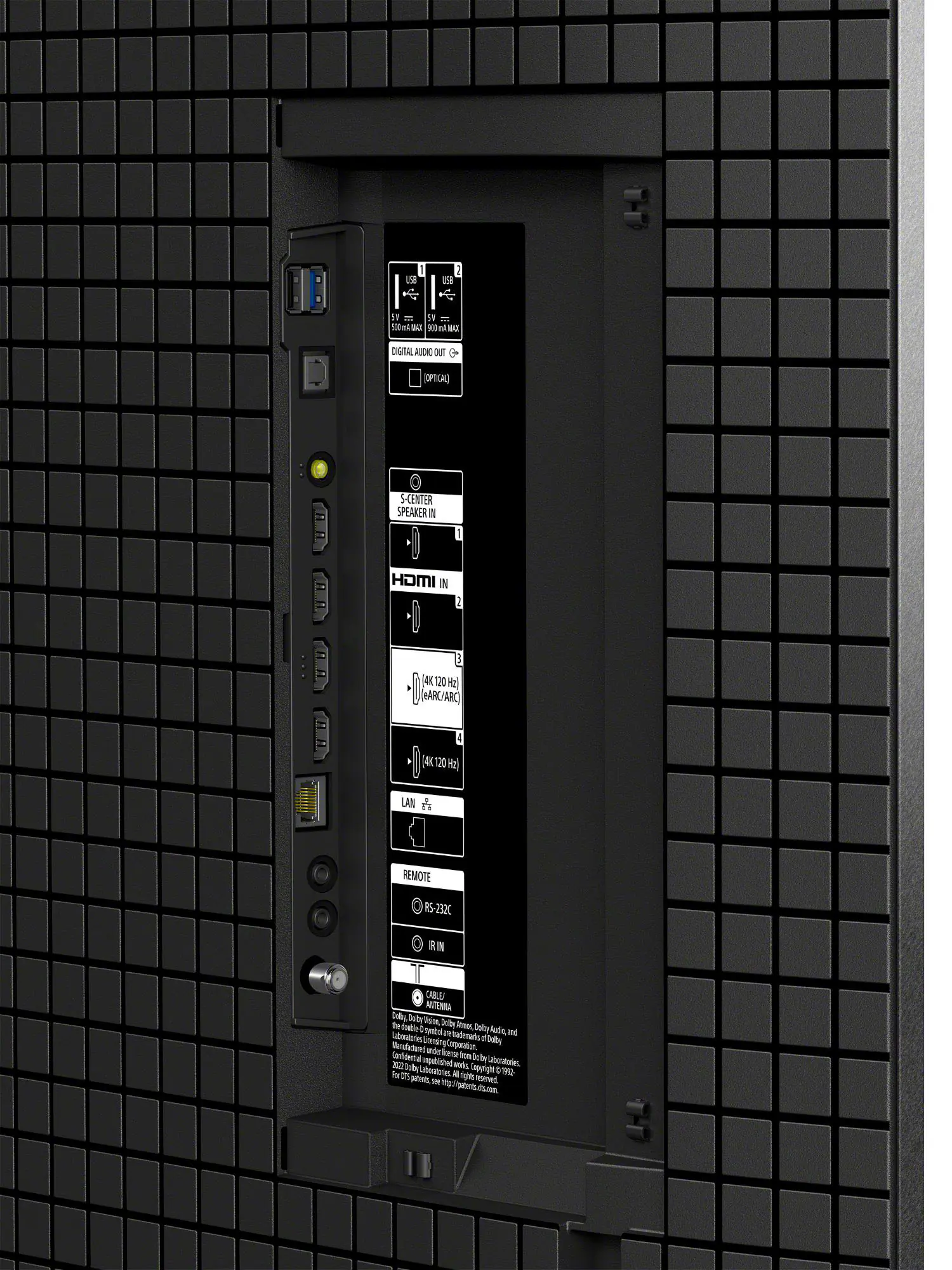 USB 2.0 MAX 500 mA MAX DIGITAL OUT (OPTICAL) S-CENTER SPEAKER IN HDMI IN 2 AK 20 Hz 6/ARC(ARC) 4K(120 Hz) LAN REMOTE RS-232C IR IN