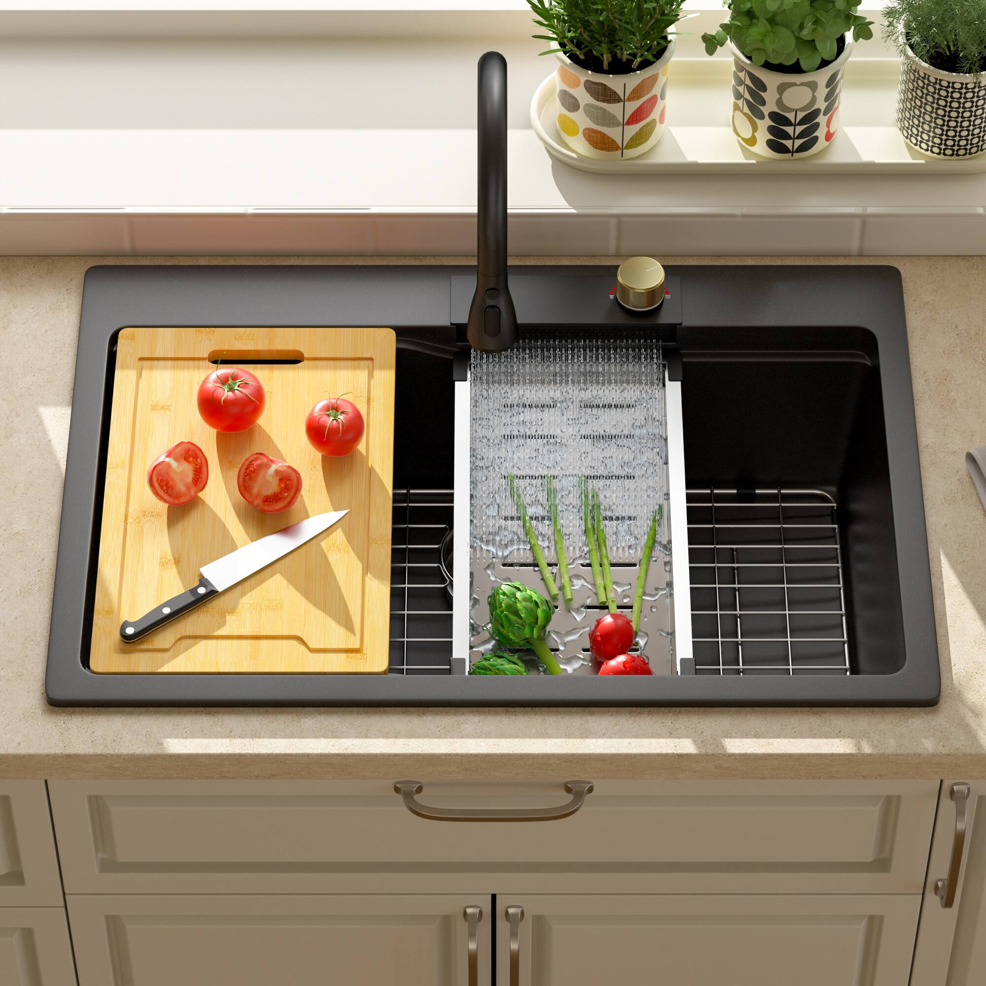 Angle. Lordear - 33x22x10 Inch Black Granite Composite Drop In Waterfall kitchen Sink Single Bowl Quartz Workstation Kitchen Sink - Black.