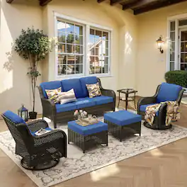 Ovios - 6 PCS Outdoor Patio Furniture Set with High Back Sofa, Ottoman & Swivel Chairs - Navy Blue(Brown Wicker)