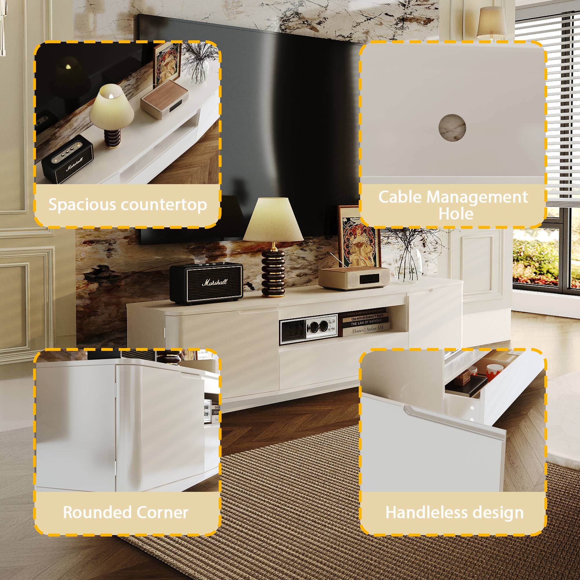 Spacious countertop, Cable Management Hole, Rounded Corner, Handleless design