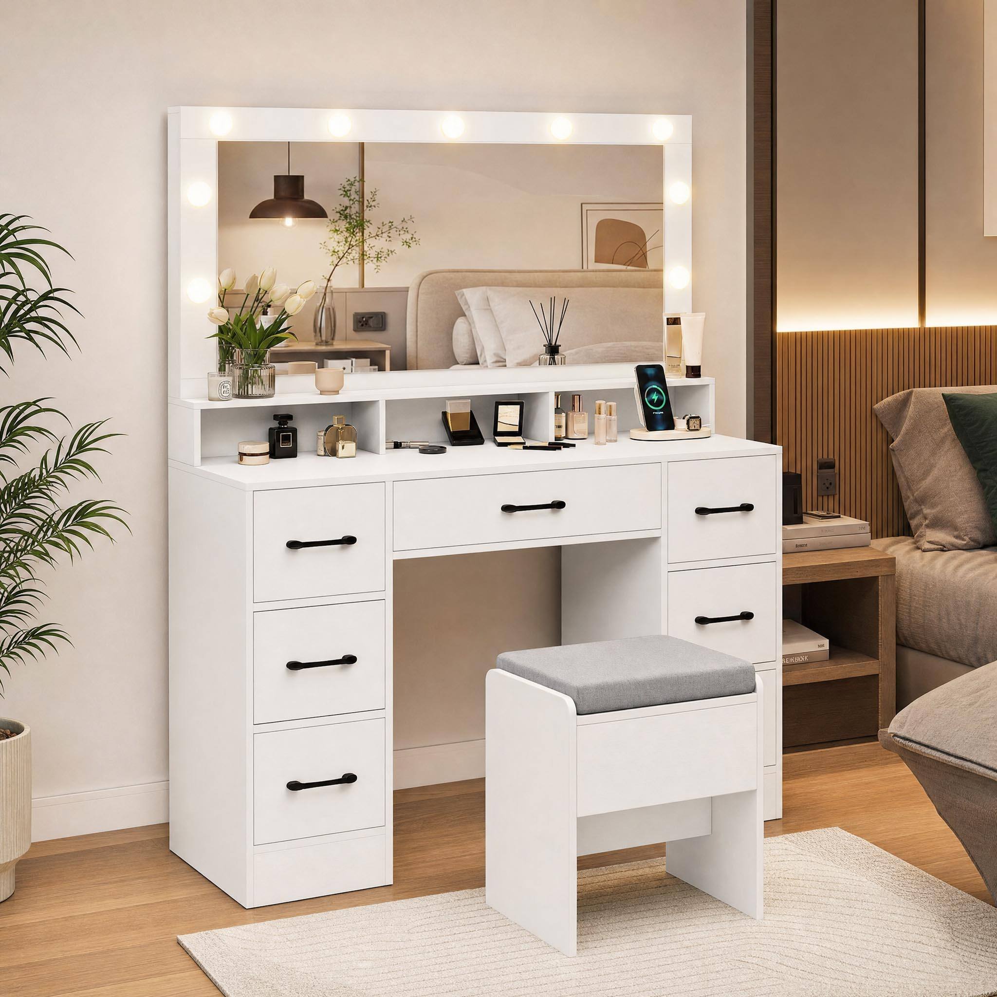 Angle. WELLFOR - Makeup Vanity Desk with Lights & Charging Station, Modern Vanity Desk Set with 7 Drawers & Storage Stool for Bedroom - White.