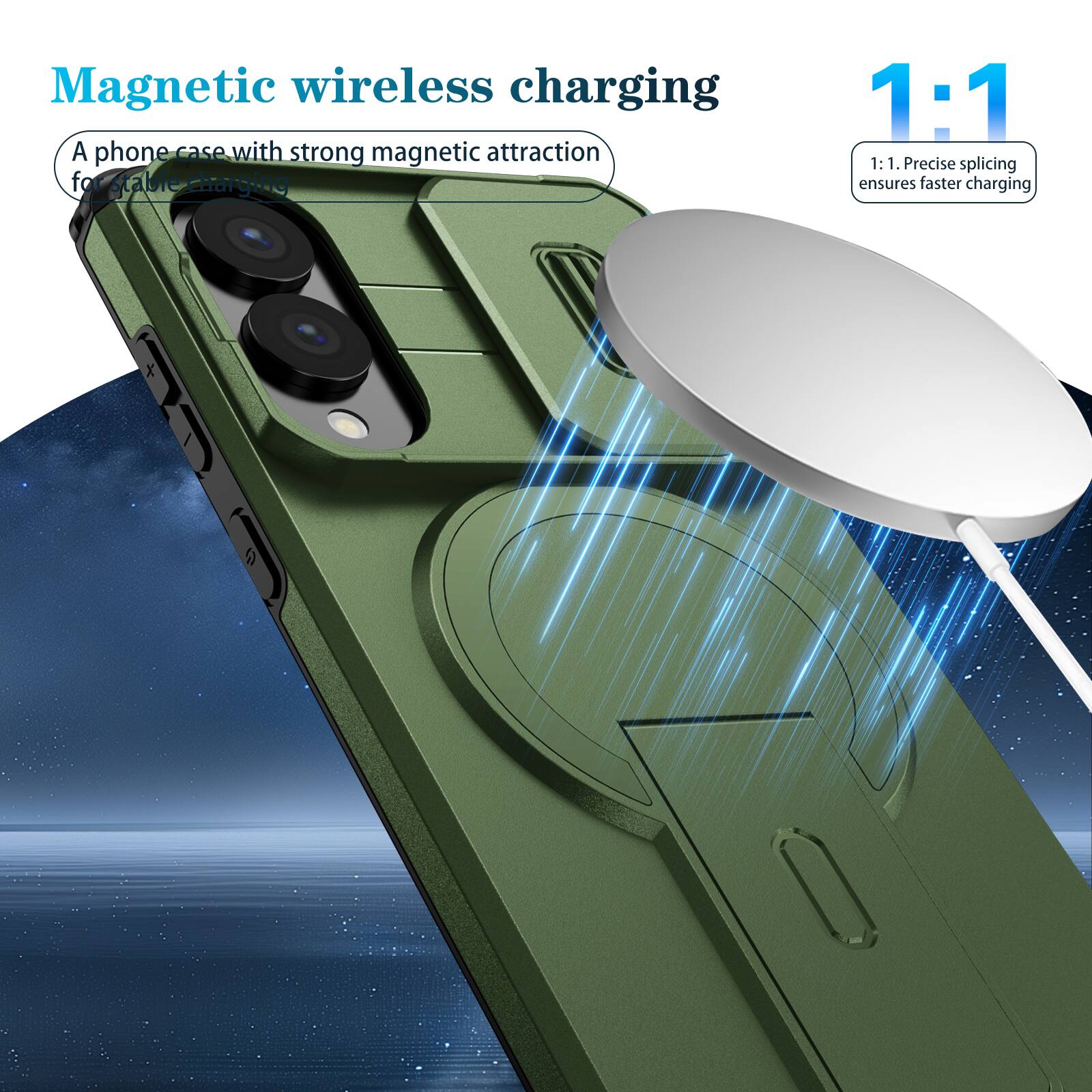 Magnetic wireless charging

A phone case with strong magnetic attraction for stable charging

1:1

1:1. Precise splicing ensures faster charging