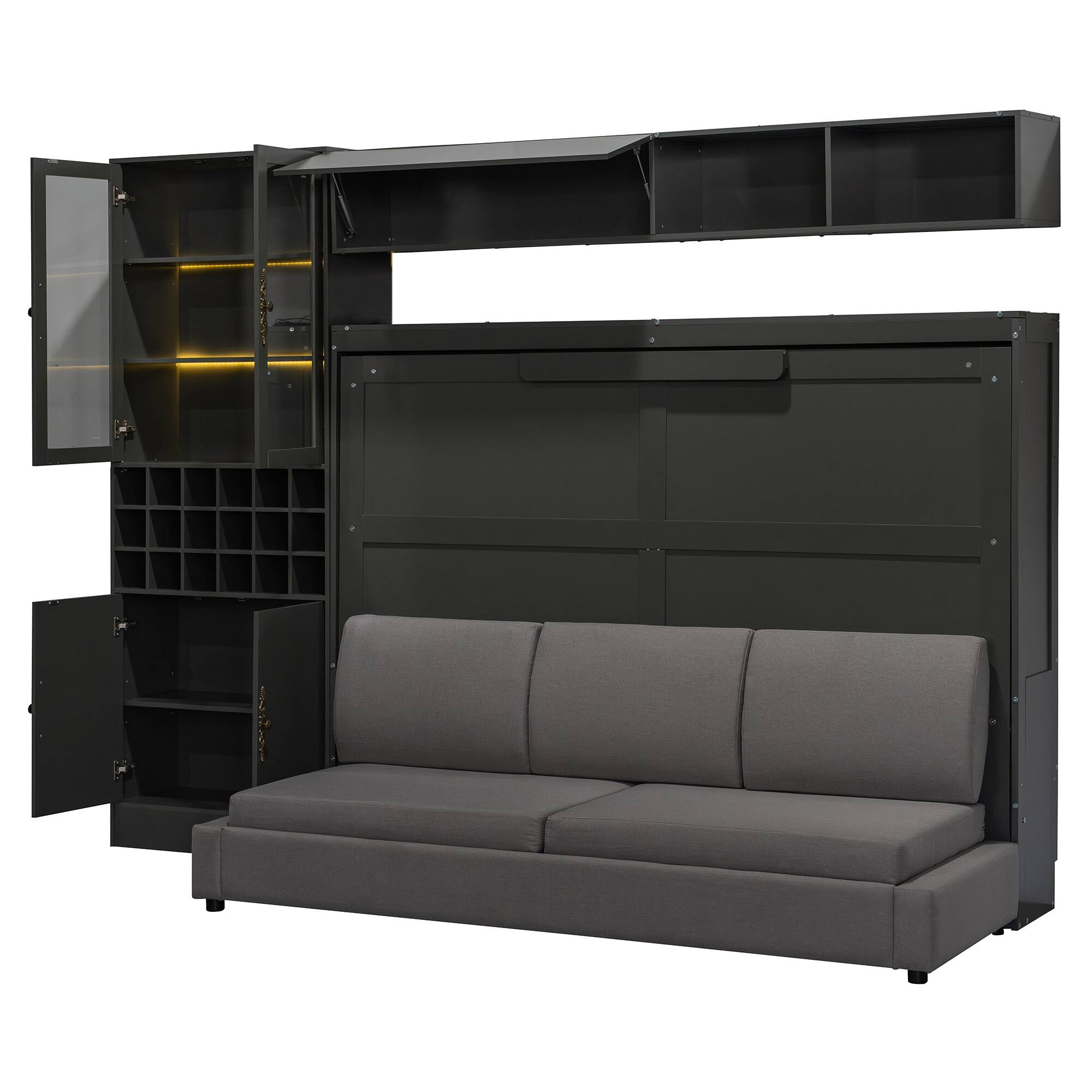 Alt View 5. Tiramisubest - Full Size Murphy Bed with Sofa, Shelves, USB & Light, Gray, MDF+LVL - Gray.
