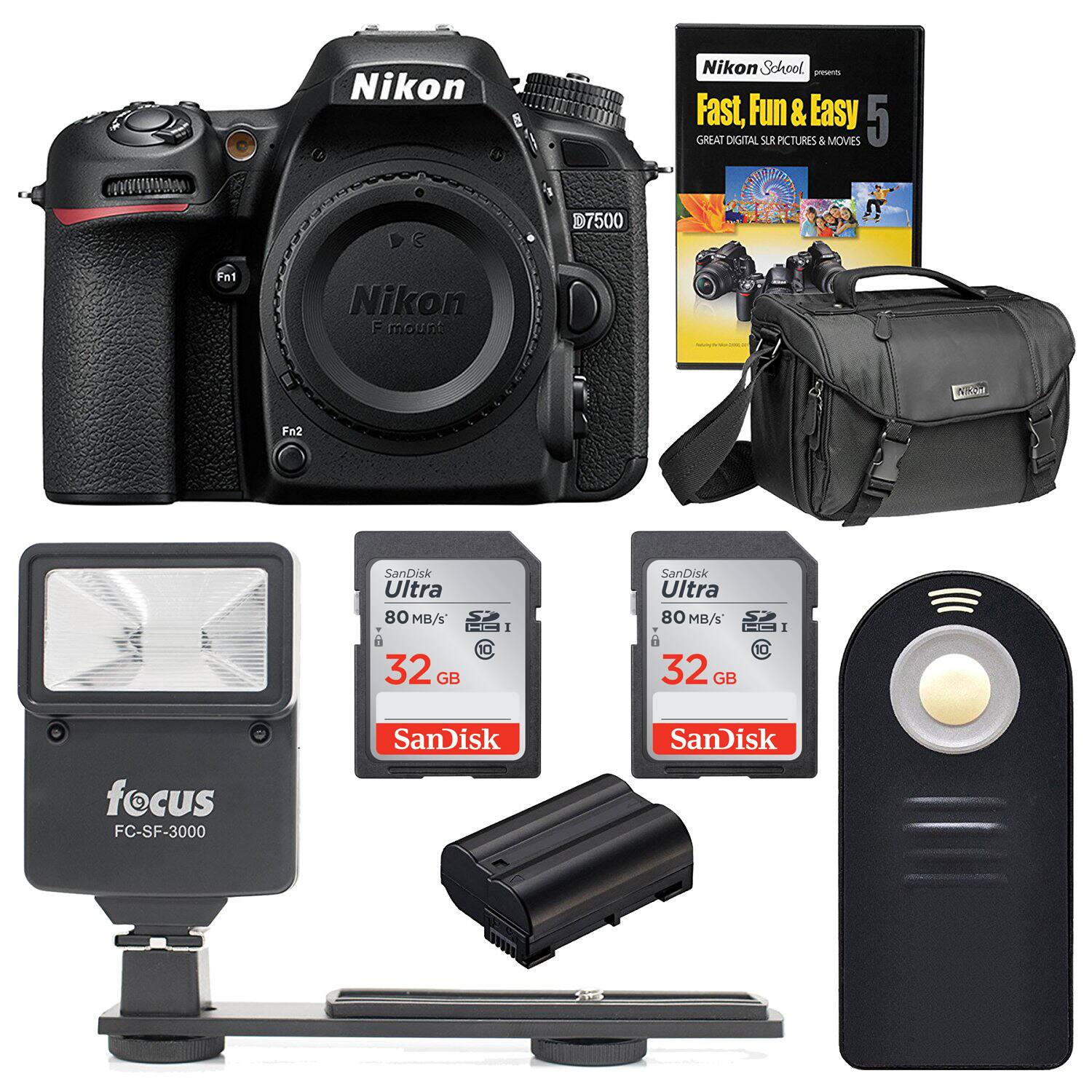 Nikon D7500  
Nikon School  
Fast, Fun & Easy  
5 GREAT DIGITAL SLR PICTURES & MOVIES  
Nikon F mount  
Fn1  
Fn2  
SanDisk Ultra 80 MB/s 32 GB  
SanDisk Ultra 80 MB/s 32 GB  
focus FC-SF-3000