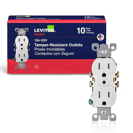 LEVITON RUSE Tampor-Resistant Outlets / Prises Inviolables Contactos con Seguro
10 com ... SENDINIDOS ale Tweates - - SIDE
LEVITON PLUS+
Pack 10 units Unidades
MADE IN
15A-125V Tamper-Resistant Outlets Prises Inviolables Contactos con Seguro
USA
TR
5A
25V SR