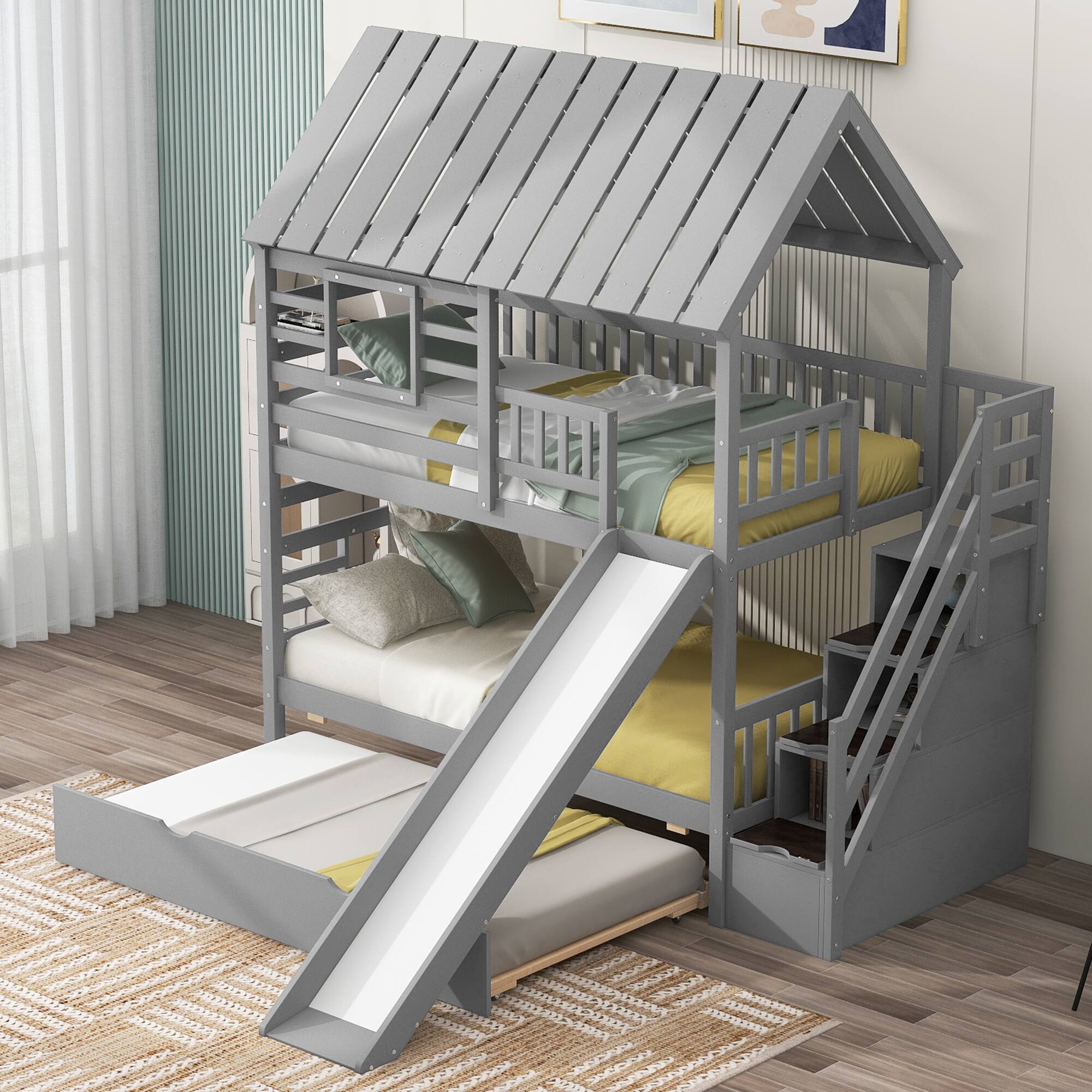 Angle. Tiramisubest - Twin Bunk Bed with Trundle, Slide, Storage Staircase, Roof & Window, Gray - Gray.