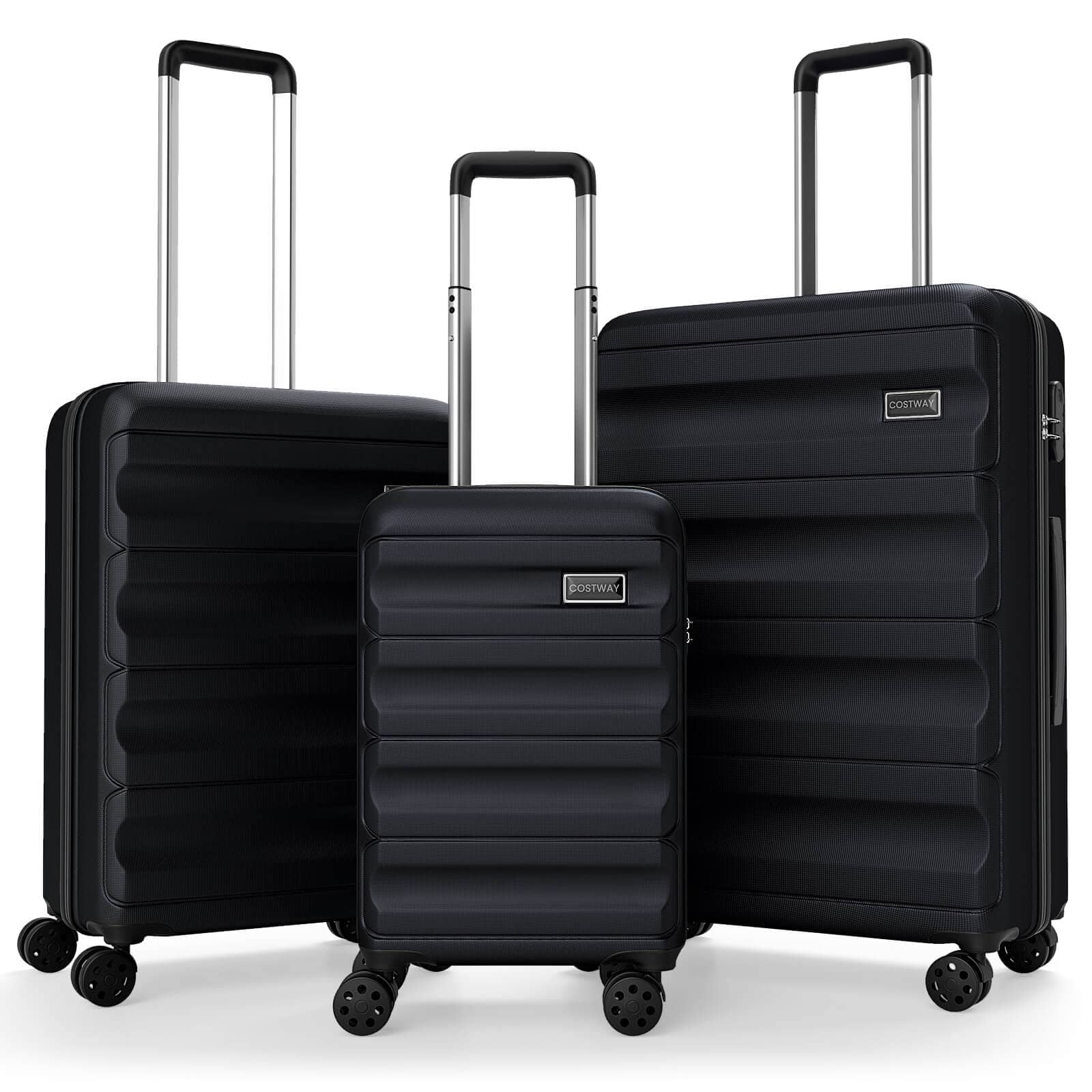 Costway - 3 PCS Hardside Luggage Set (20/24/28 Inch) with 8-Spinner Wheels, 3-Digital Lock - Black