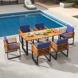 Mondawe - 7 Pieces Patio Acacia Wood Dining Chair and Table Set for Backyard and Poolside - Navy