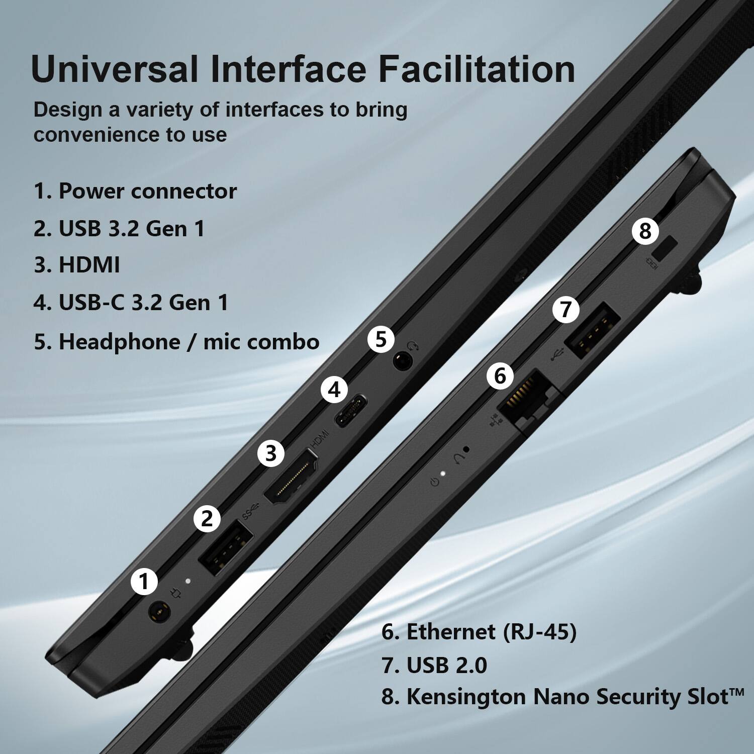 Universal Interface Facilitation  
Design a variety of interfaces to bring convenience to use

1. Power connector
2. USB 3.2 Gen 1
3. HDMI
4. USB-C 3.2 Gen 1
5. Headphone / mic combo
6. Ethernet (RJ-45)
7. USB 2.0
8. Kensington Nano Security Slot™