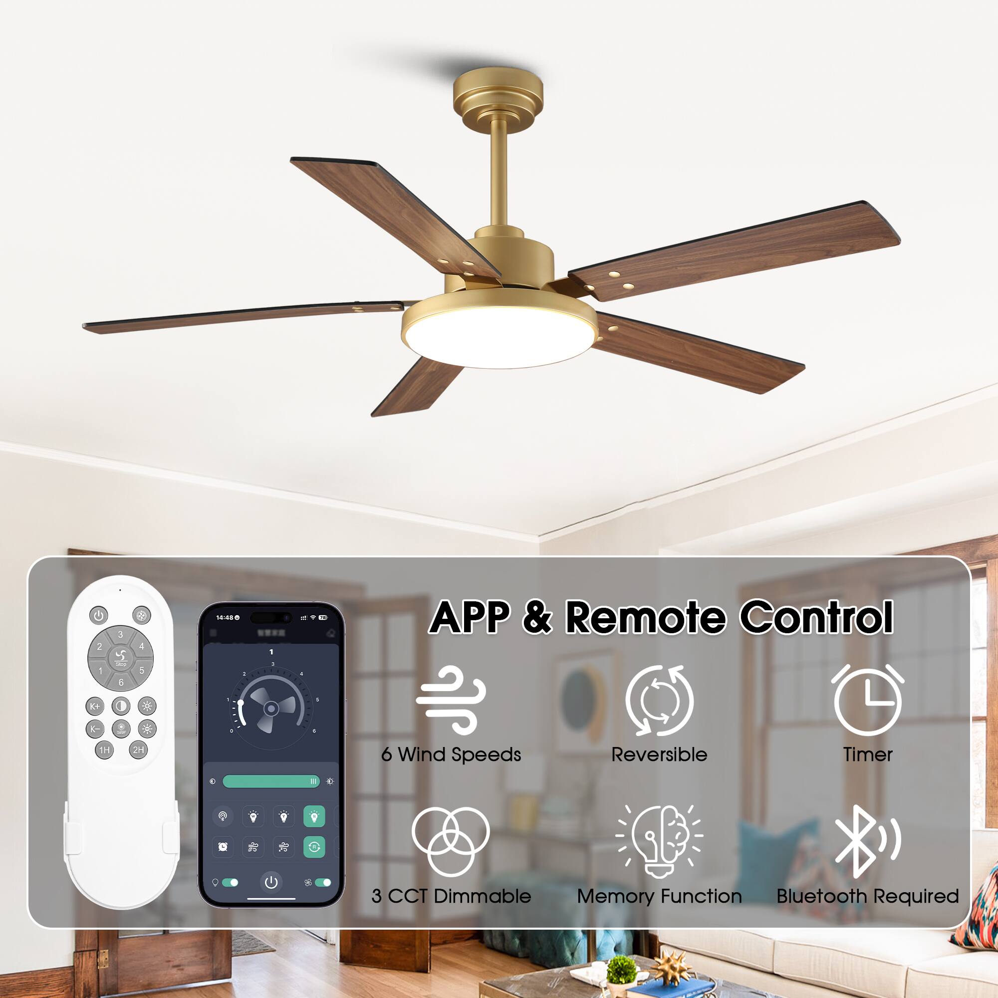 - APP & Remote Control
- 6 Wind Speeds
- Reversible
- Timer
- 3 CCT Dimmable
- Memory Function
- Bluetooth Required