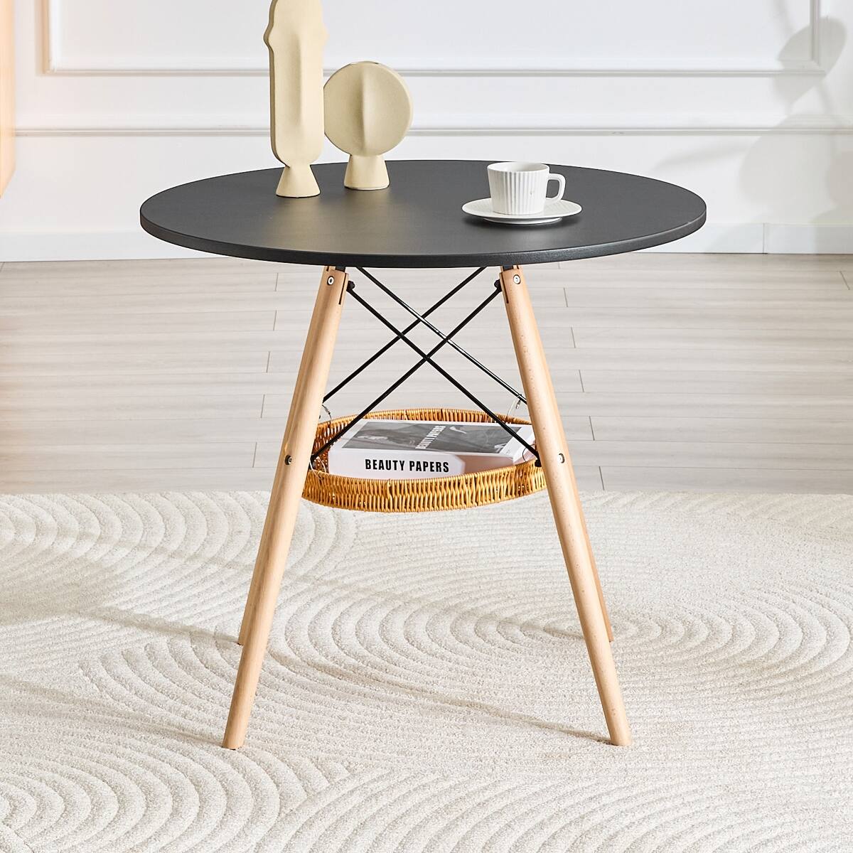 Loheer 31.5 inch Round Dining Table with Black MDF Tabletop and Solid ...