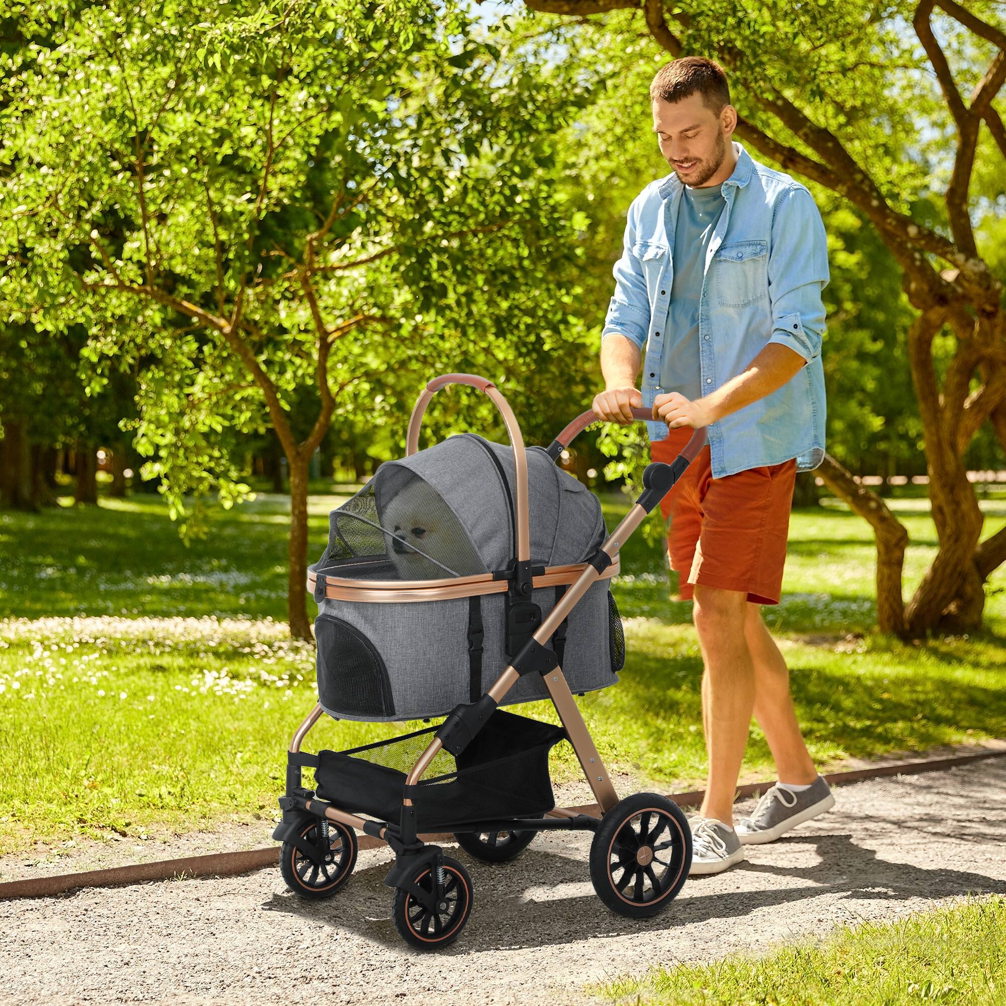 Angle. Pawhut - 3 in 1 Dog Stroller, Detachable Cabin, 4 Wheel Folding, Adjustable Canopy, Rubber Wheels, Storage.