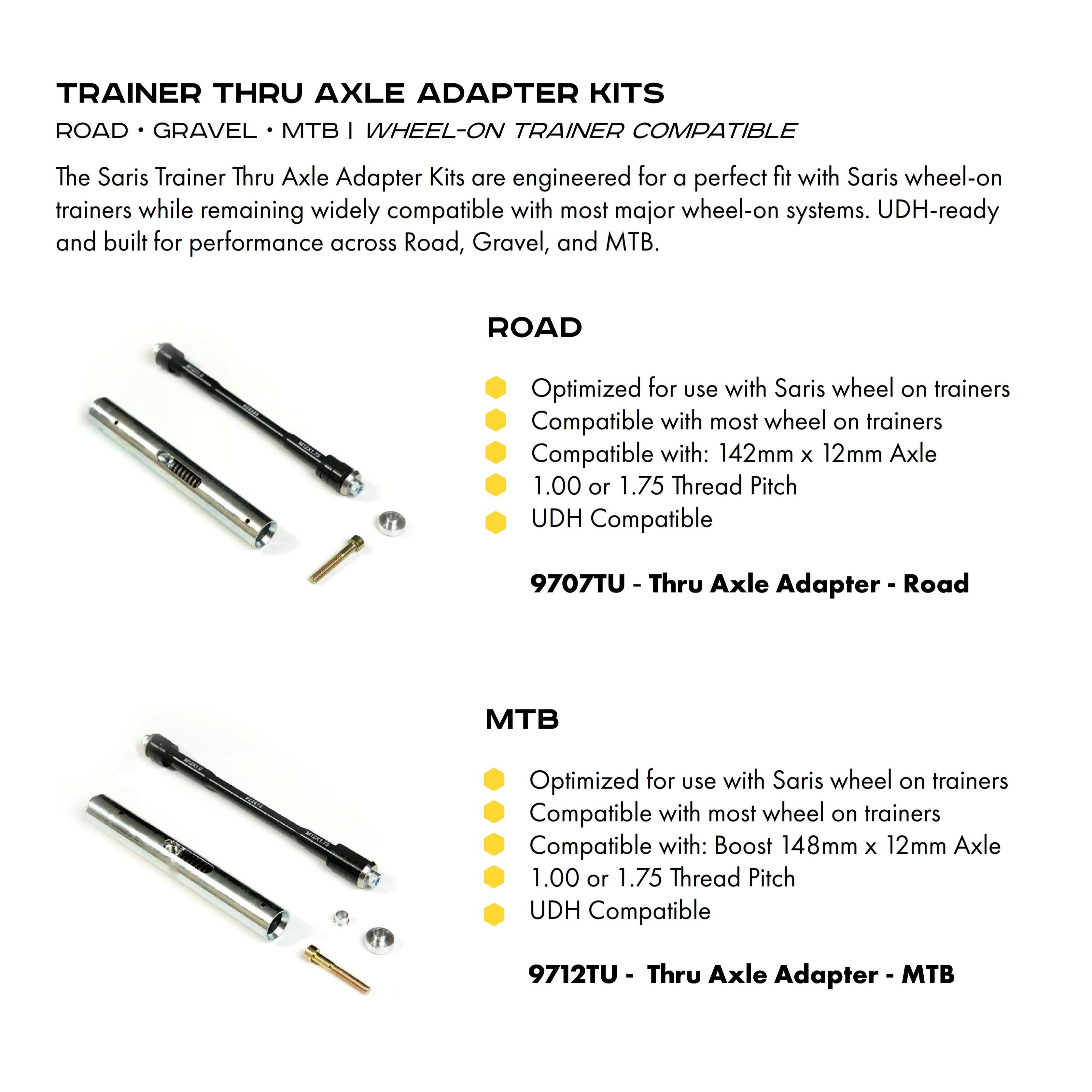 **TRAINER THRU AXLE ADAPTER KITS**

**ROAD • GRAVEL • MTB | WHEEL-ON TRAINER COMPATIBLE**

The Saris Trainer Thru Axle Adapter Kits are engineered for a perfect fit with Saris wheel-on trainers while remaining widely compatible with most major wheel-on systems. UDH-ready and built for performance across Road, Gravel, and MTB.

**ROAD**
- Optimized for use with Saris wheel-on trainers
- Compatible with most wheel-on trainers
- Compatible with: 142mm x 12mm Axle
- 1.00 or 1.75 Thread Pitch
- UDH Compatible

**9707TU - Thru Axle Adapter - Road**

**MTB**
- Optimized for use with Saris wheel-on trainers
- Compatible with most wheel-on trainers
- Compatible with: Boost 148mm x 12mm Axle
- 1.00 or 1.75 Thread Pitch
- UDH Compatible

**9712TU - Thru Axle Adapter - MTB**