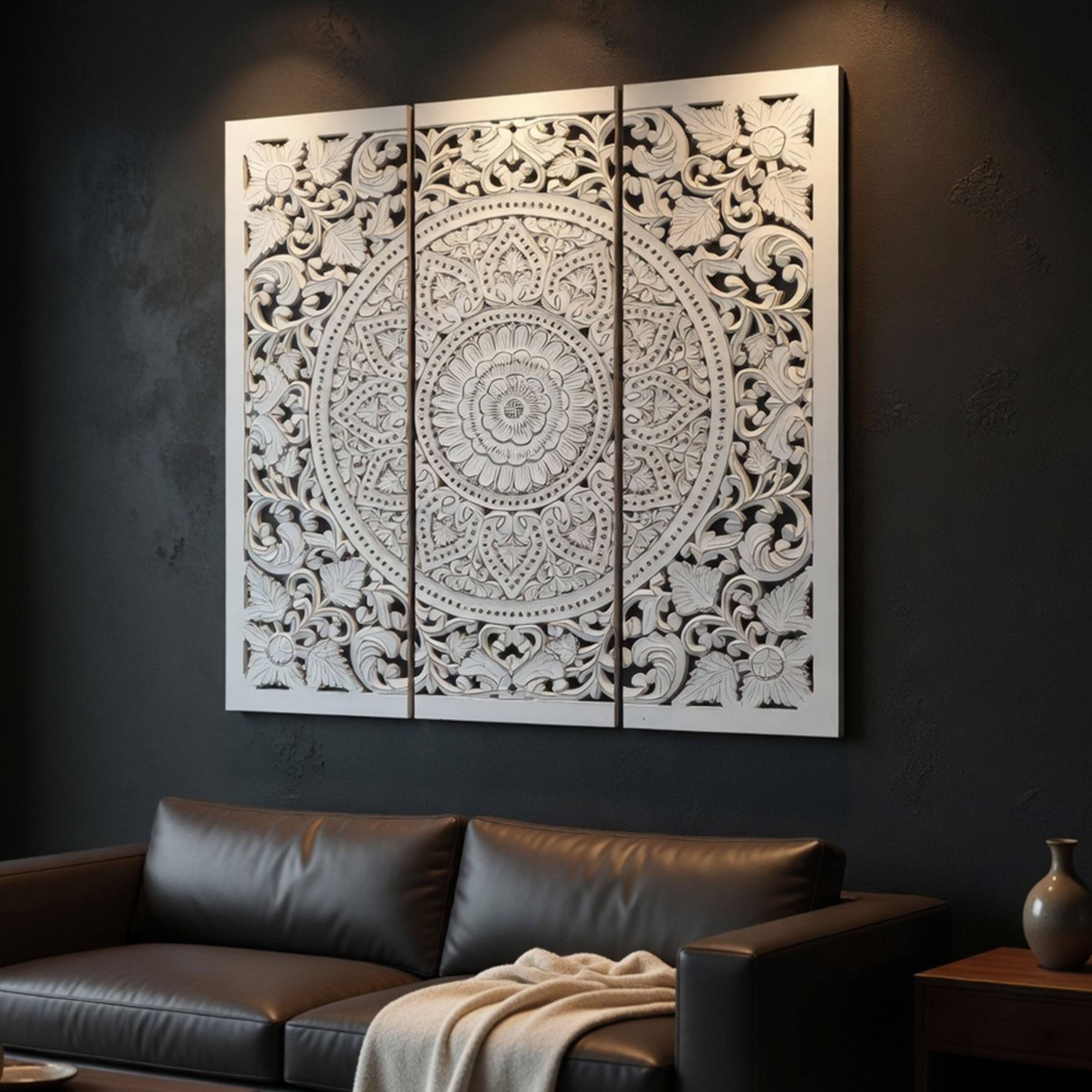 Alt View 5. Manhattan Lane - Josa 3pc Wood Wall Panel Set, Mandala Floral Carving, Antique White Finish, 48 Inch Square Decor - Antique White.