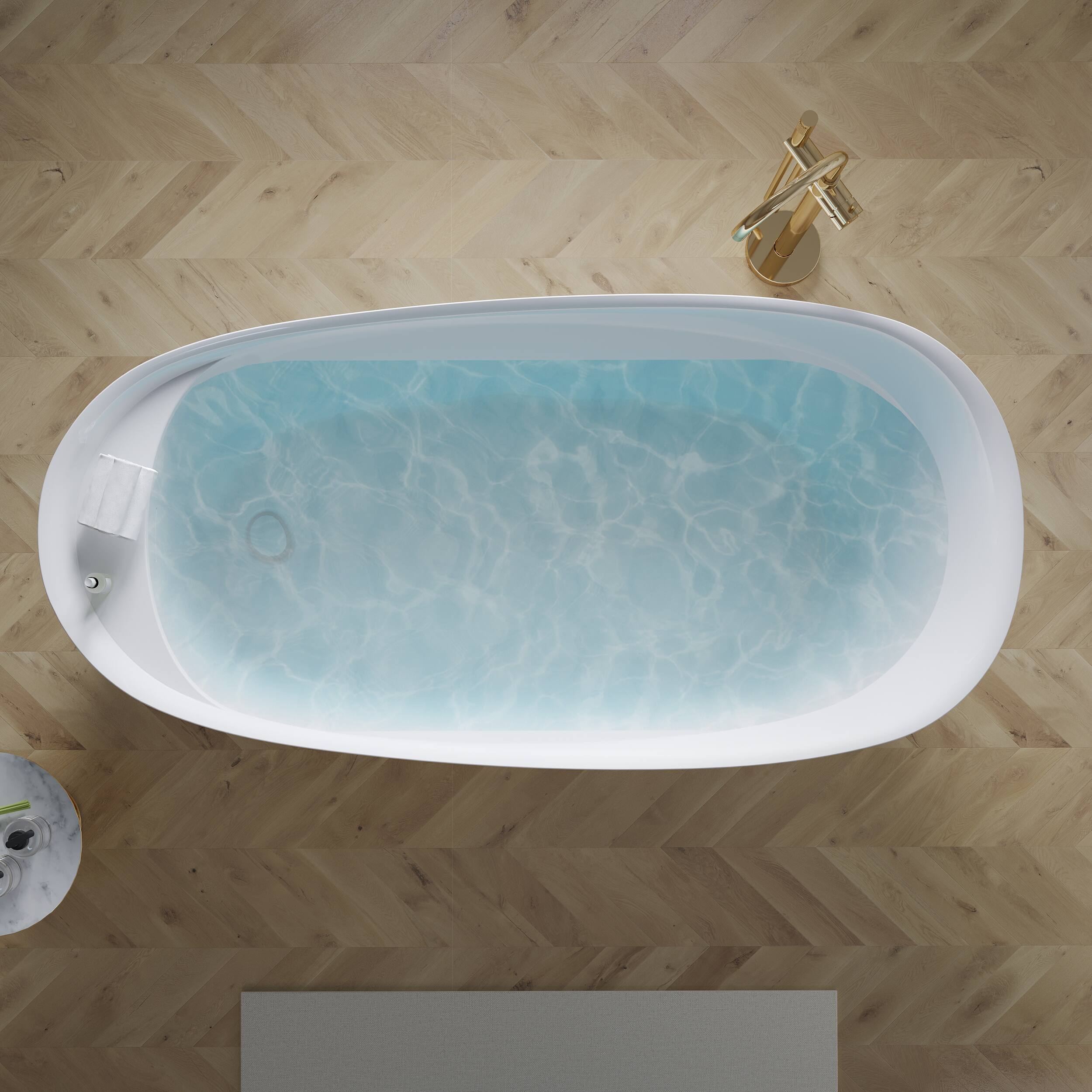 Left. WELLFOR - Cozy 68 in. Acrylic Flat Bottom Double Ended Freestanding Soaking  Bathtub with Drain and Overflow - White.