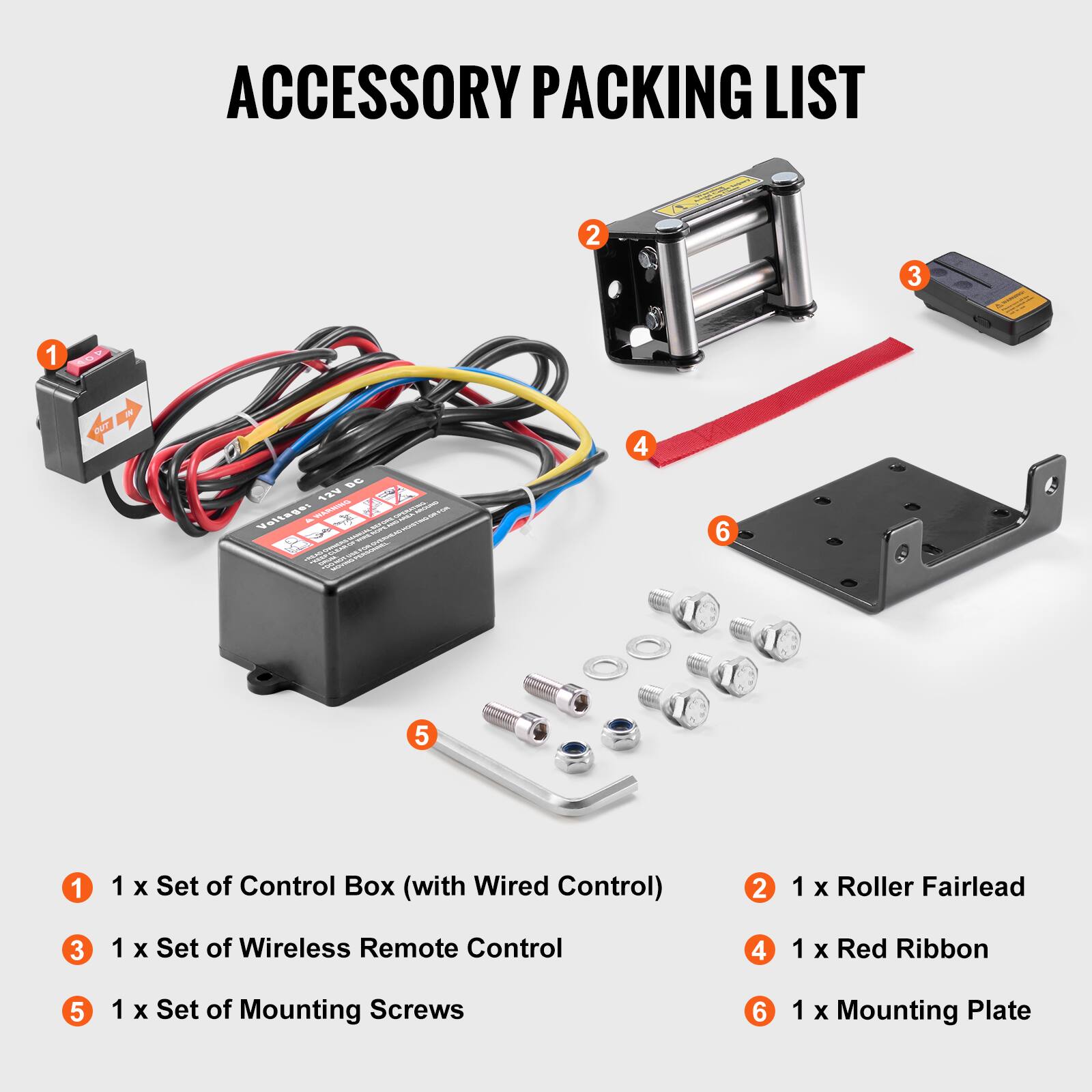ACCESSORY PACKING LIST

1. 1 x Set of Control Box (with Wired Control)
2. 1 x Roller Fairlead
3. 1 x Set of Wireless Remote Control
4. 1 x Red Ribbon
5. 1 x Set of Mounting Screws
6. 1 x Mounting Plate
