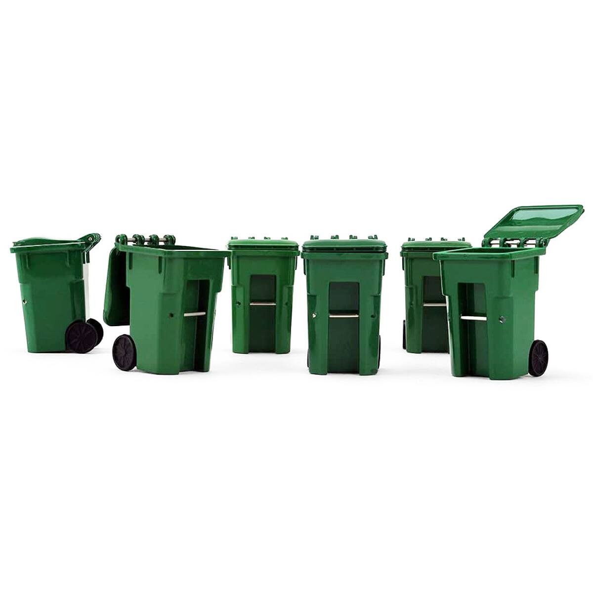 Left. First Gear - Set of 6 Green Garbage Trash Bin Containers Replica 1/34 Models by First Gear - Green.