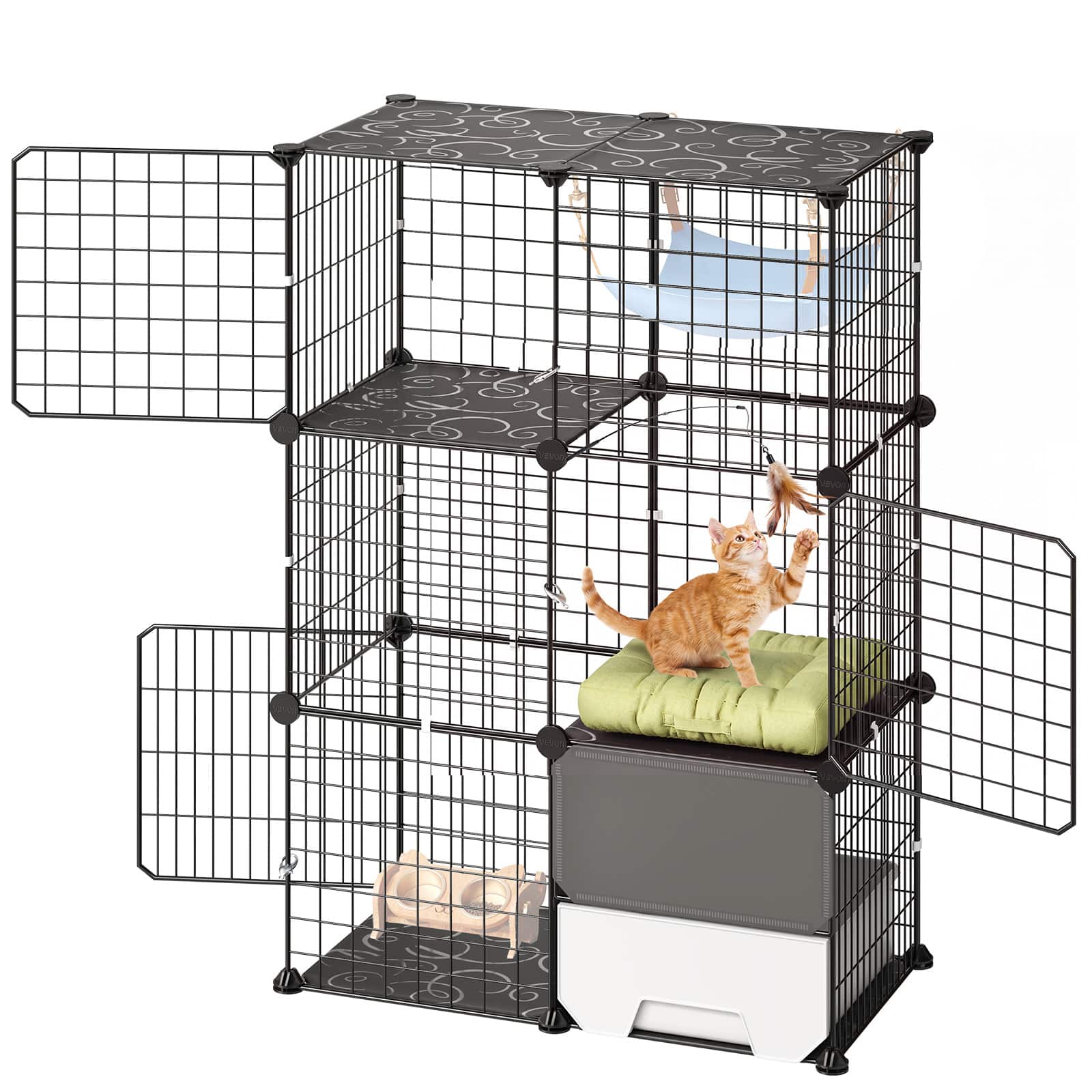 VEVOR - Cat Cage 3-Tier 28"x17.91"x40.98" DIY Cat Playpen with Litter Box, Indoor Enclosure Detachable Metal Wire Kennel Crate - Black