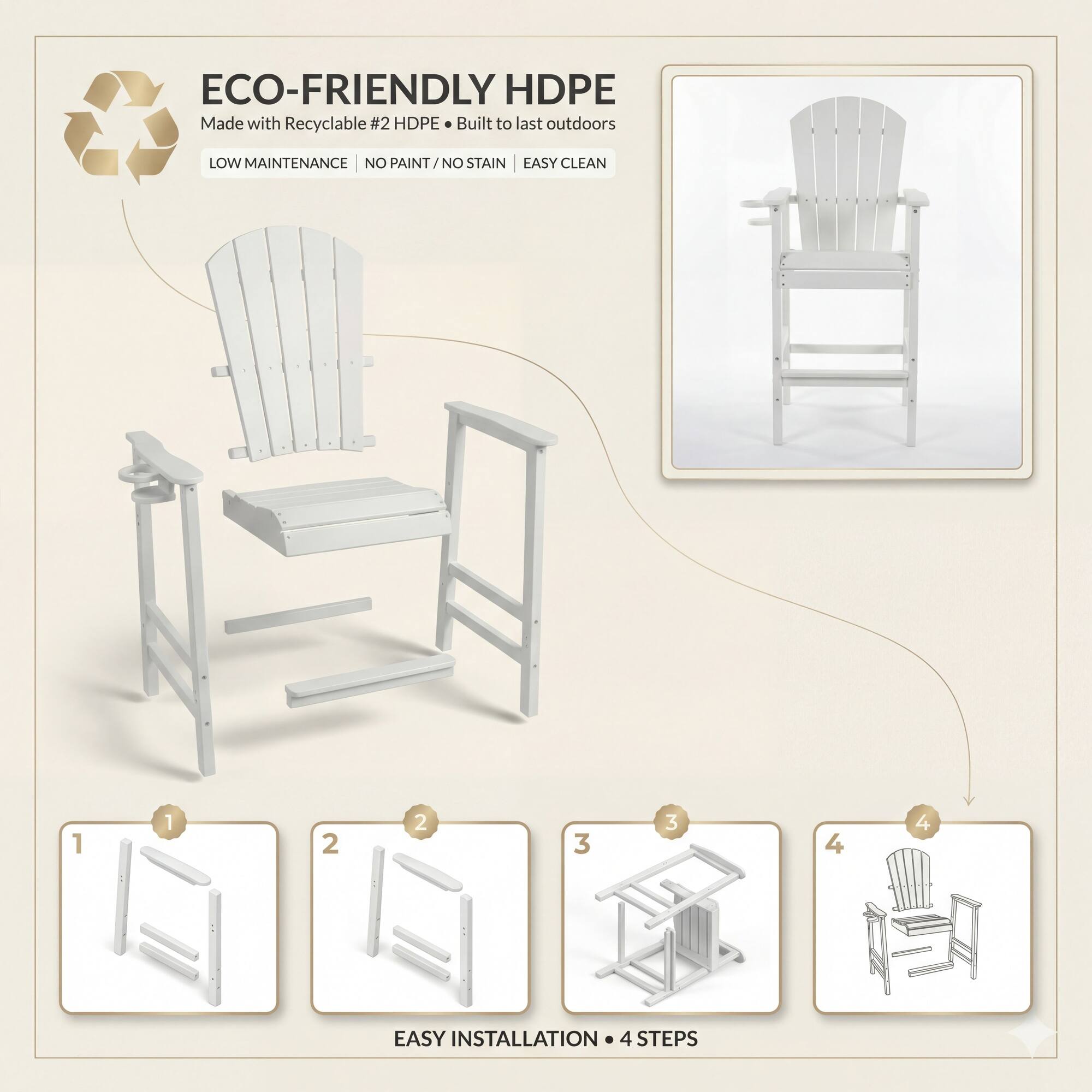 ECO-FRIENDLY HDPE  
Made with Recyclable #2 HDPE  
Built to last outdoors  
LOW MAINTENANCE  
NO PAINT/NO STAIN  
EASY CLEAN  

EASY INSTALLATION  
4 STEPS
