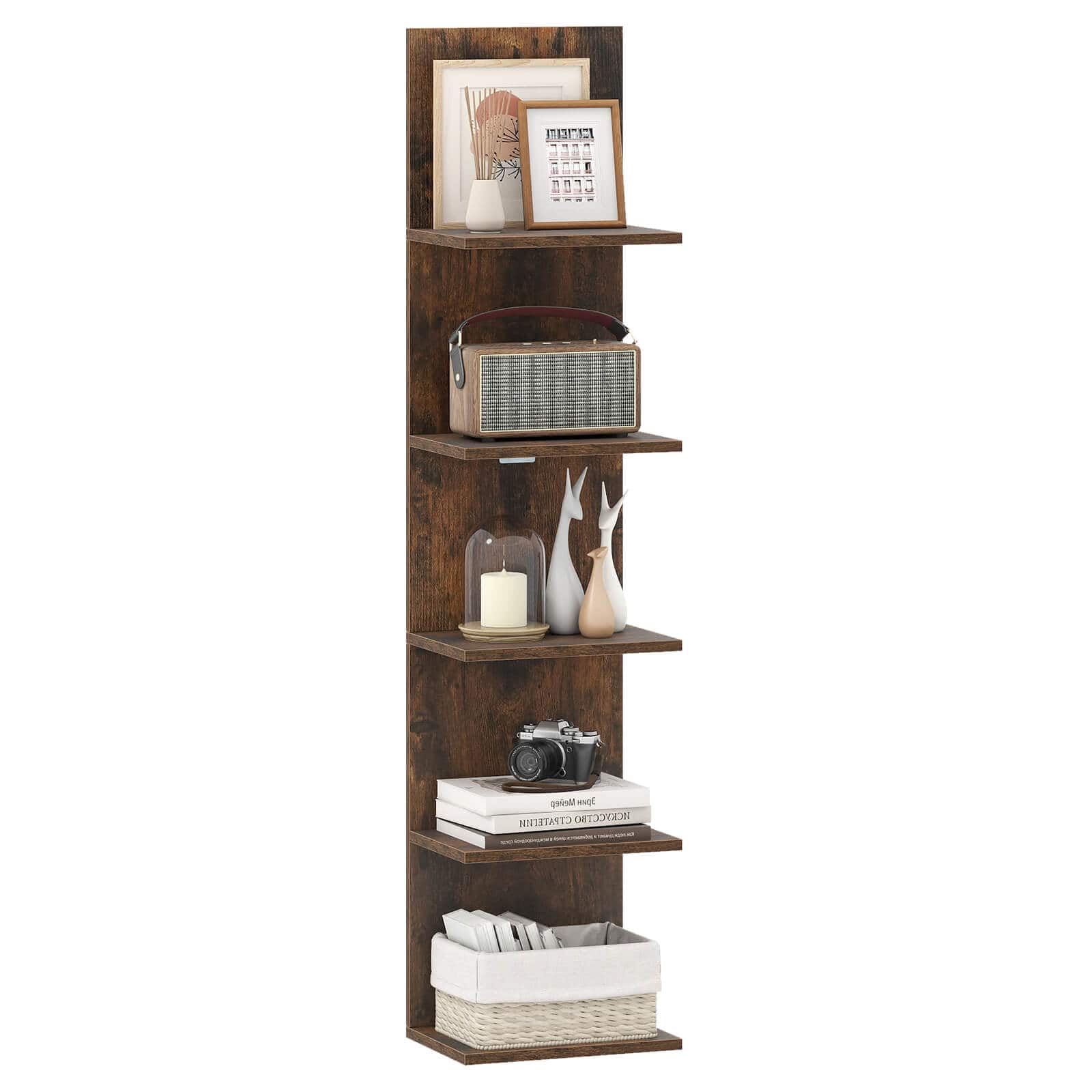 Costway - 1 PCS 5-Tier Wall Shelves Vertical Floating Storage Shelf Unit Wall-Mounted Organizer - Rustic Brown