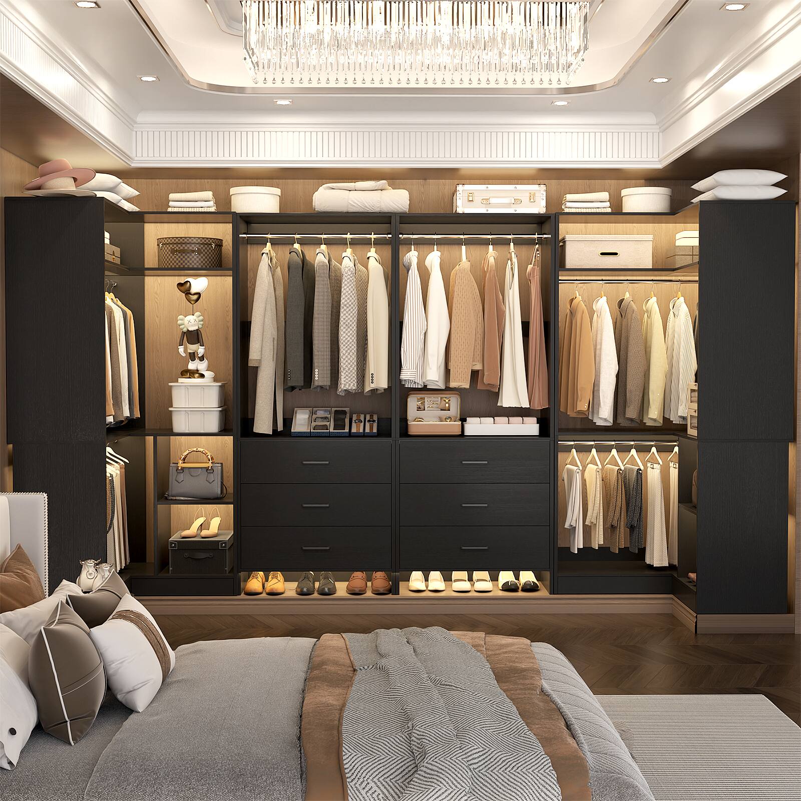 Alt View 3. Aheaplus - U-Shaped Closet Organizer System with 6 Drawers, 112.5" Walk-in Wardrobe System with Hanging Rods & Shelves, Set of 4 - Black.