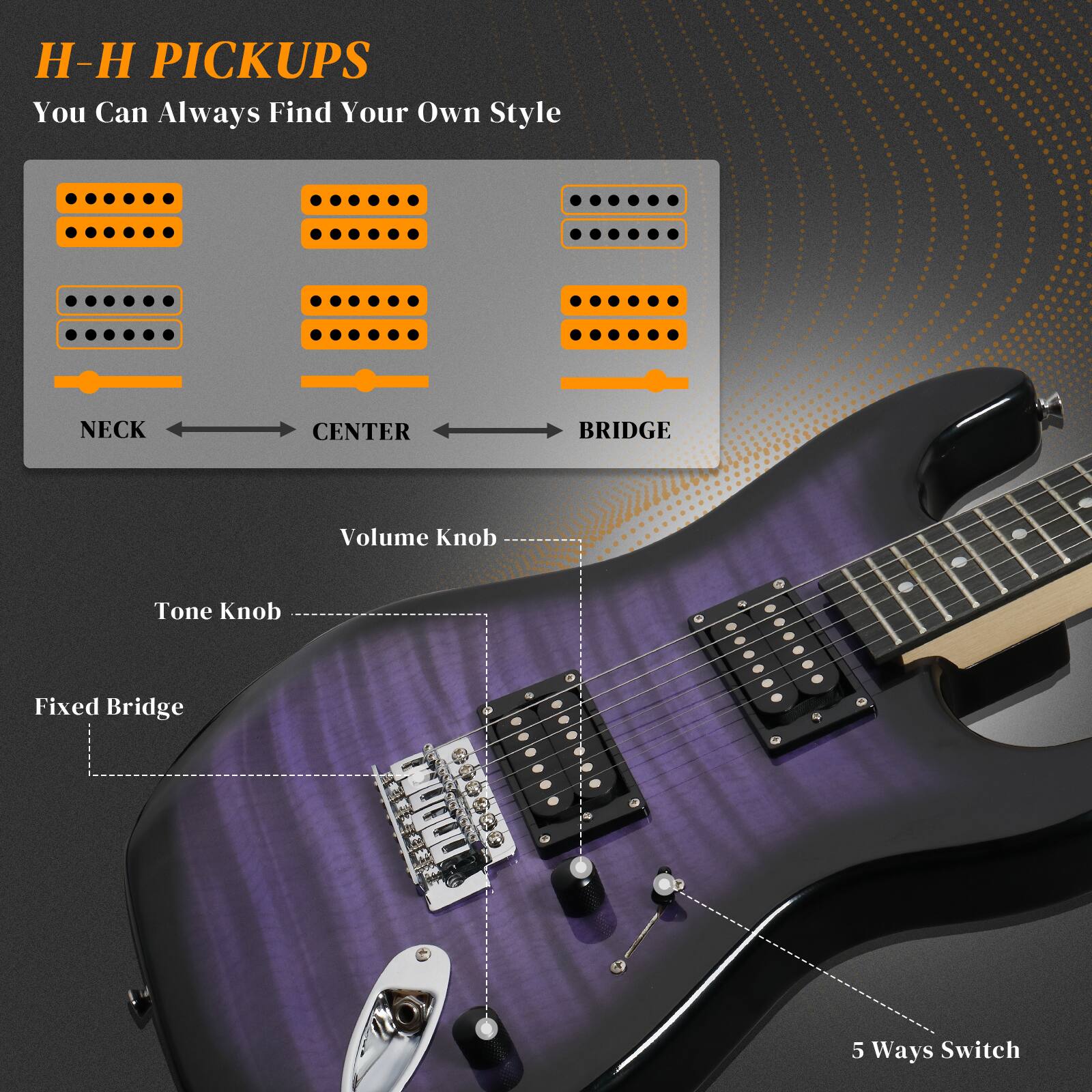 H-H PICKUPS  
You Can Always Find Your Own Style

NECK CENTER BRIDGE

Volume Knob  
Tone Knob  
Fixed Bridge  
5 Ways Switch