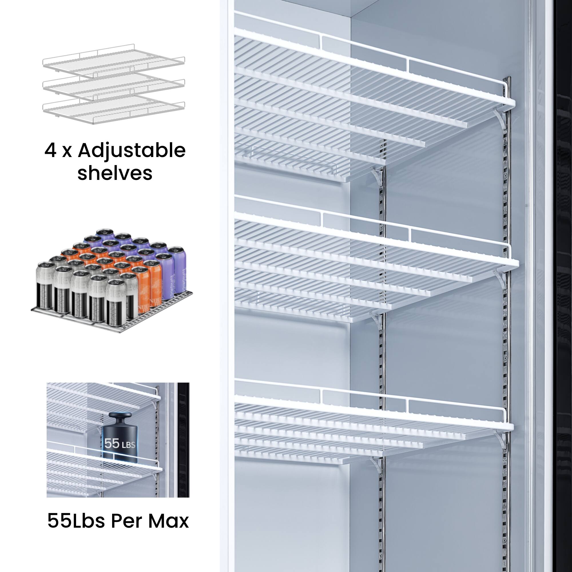 4 x Adjustable shelves  
55 LBS  
55Lbs Per Max