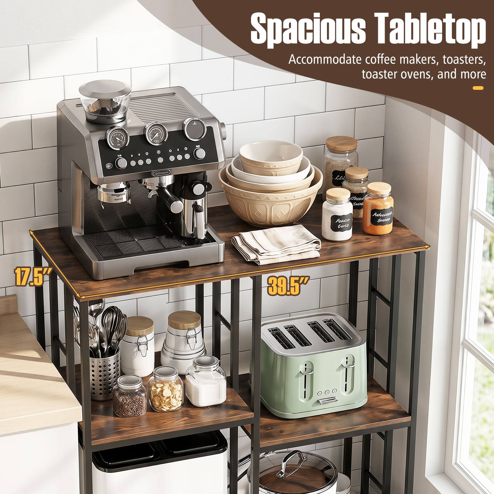 Spacious Tabletop Accommodate coffee makers, toasters, toaster ovens, and more  
17.5" 39.5"