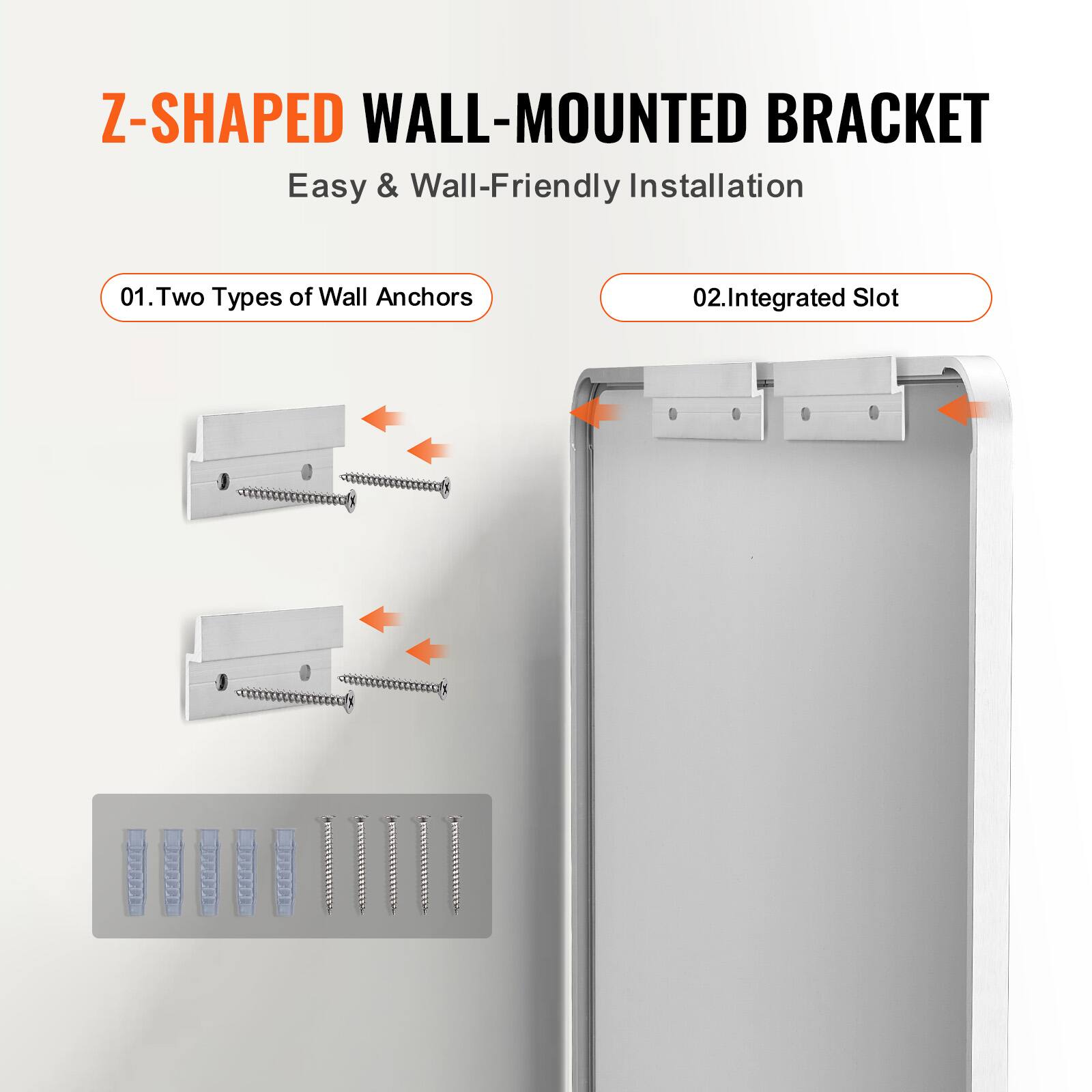Z-SHAPED WALL-MOUNTED BRACKET  
Easy & Wall-Friendly Installation  

01. Two Types of Wall Anchors  

02. Integrated Slot