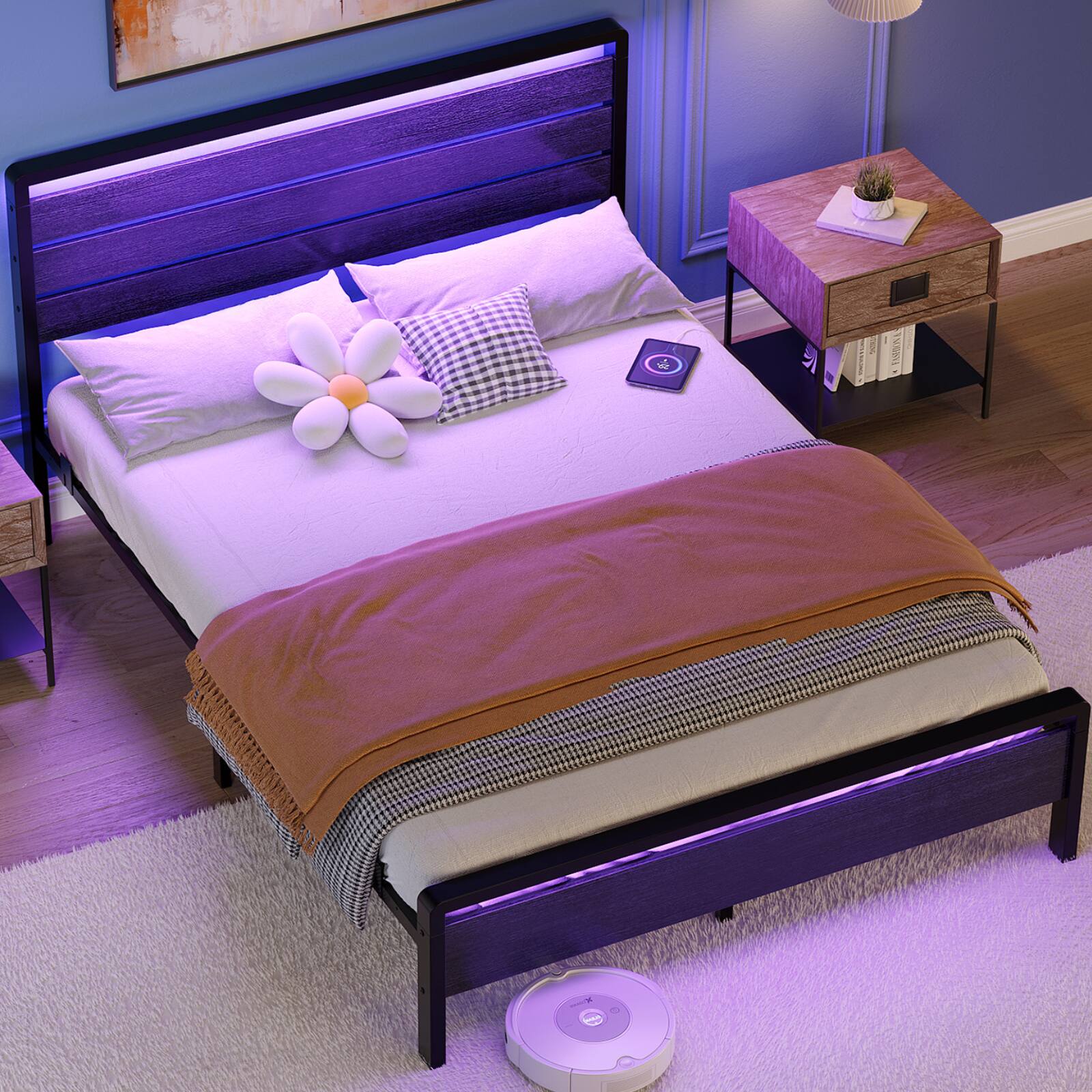 Alt View 10. Winado - Full Size Platform Bed Frame with LED Headboard, USB Charging Station, Metal Panel Bed with 12" Under Bed Storage Space - Black.