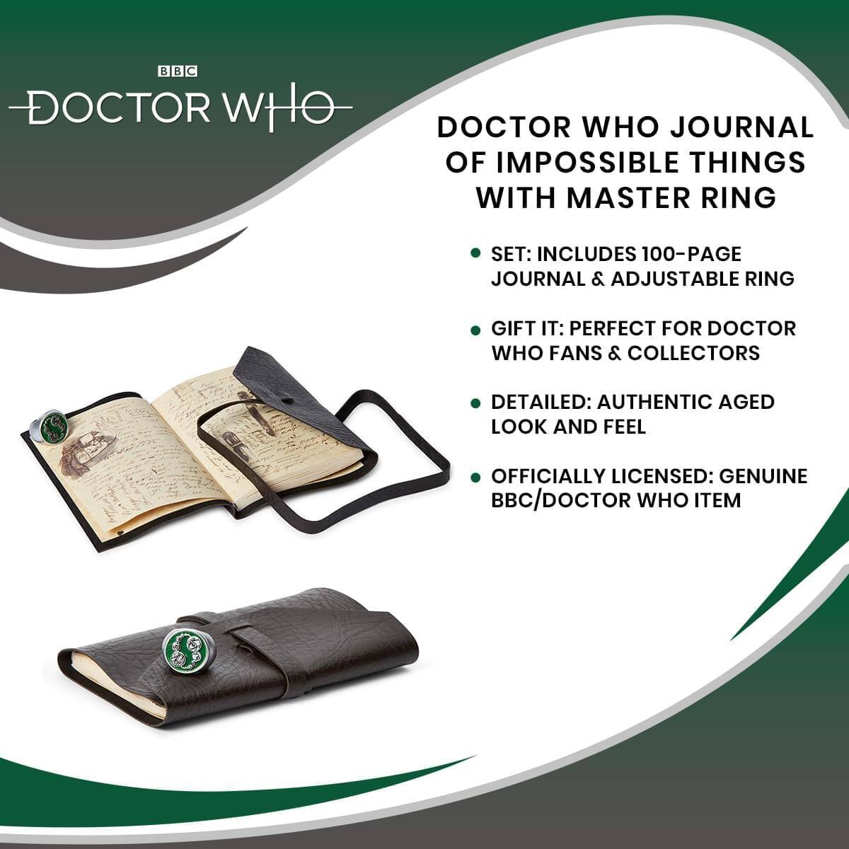 8 B C DOCTOR WHO JOURNAL OF IMPOSSIBLE THINGS WITH MASTER RING SET: INCLUDES 100-PAGE JOURNAL & ADJUSTABLE RING GIFT IT: PERFECT FOR DOCTOR WHO FANS & COLLECTORS DETAILED: AUTHENTIC AGED LOOK AND FEEL OFFICIALLY LICENSED: GENUINE BBC/DOCTOR WHO ITEM
