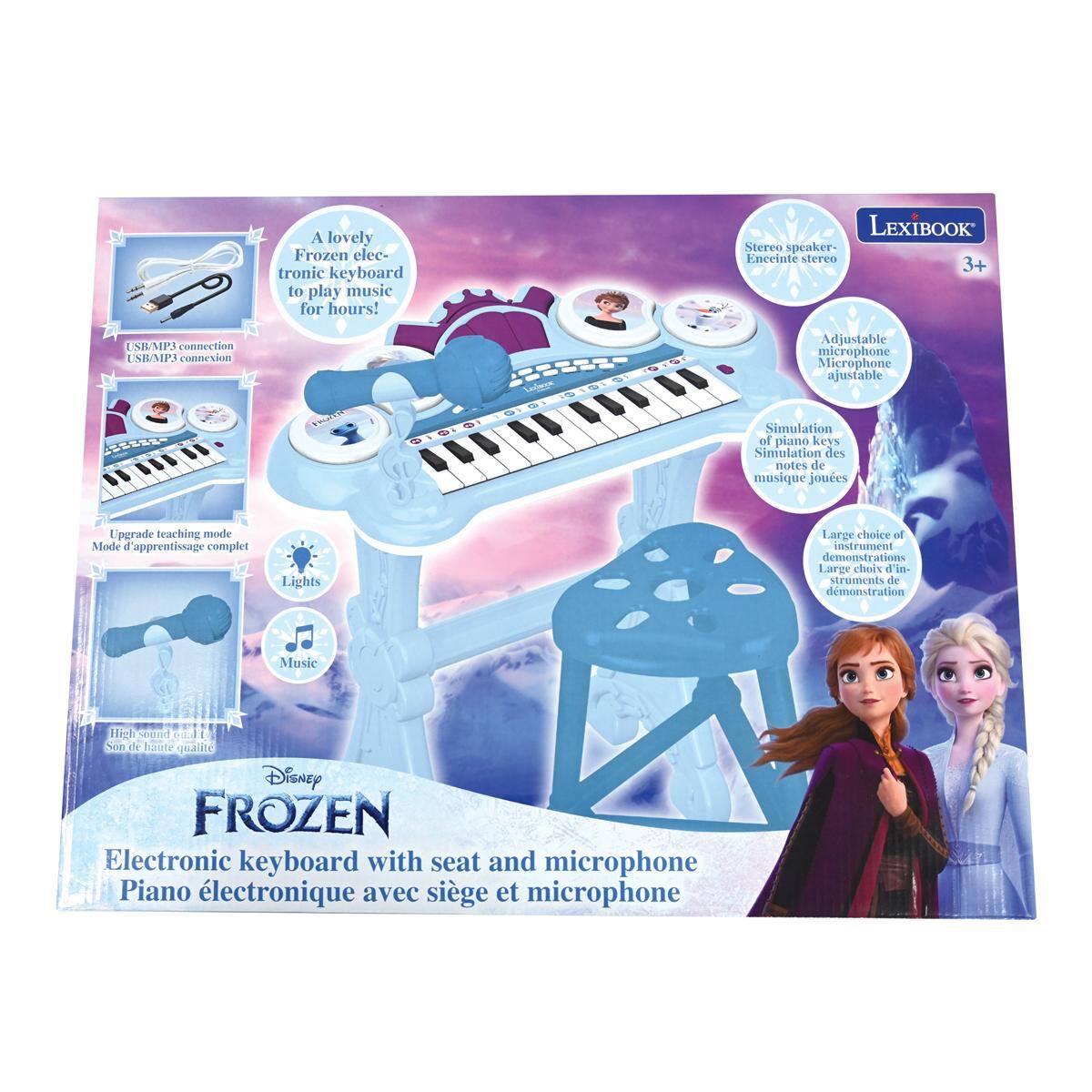 A lovely Frozen electronic keyboard to play music for hours! LEXIBOOK Stereo speaker - Enceinte stéréo 3+ USB/MP3 connection USB/MPS connexion Adjustable microphone Microphone ajustable Simulation of piano keys Simulation des notes de musique jouées Upgrade teaching mode Mode d'apprentissage complet Lights Large choice of instrument demonstrations Large choix d'instruments de démonstration Music High sound Son de haute qualité Disney FROZEN Electronic keyboard with seat and microphone Piano électronique avec siège et microphone