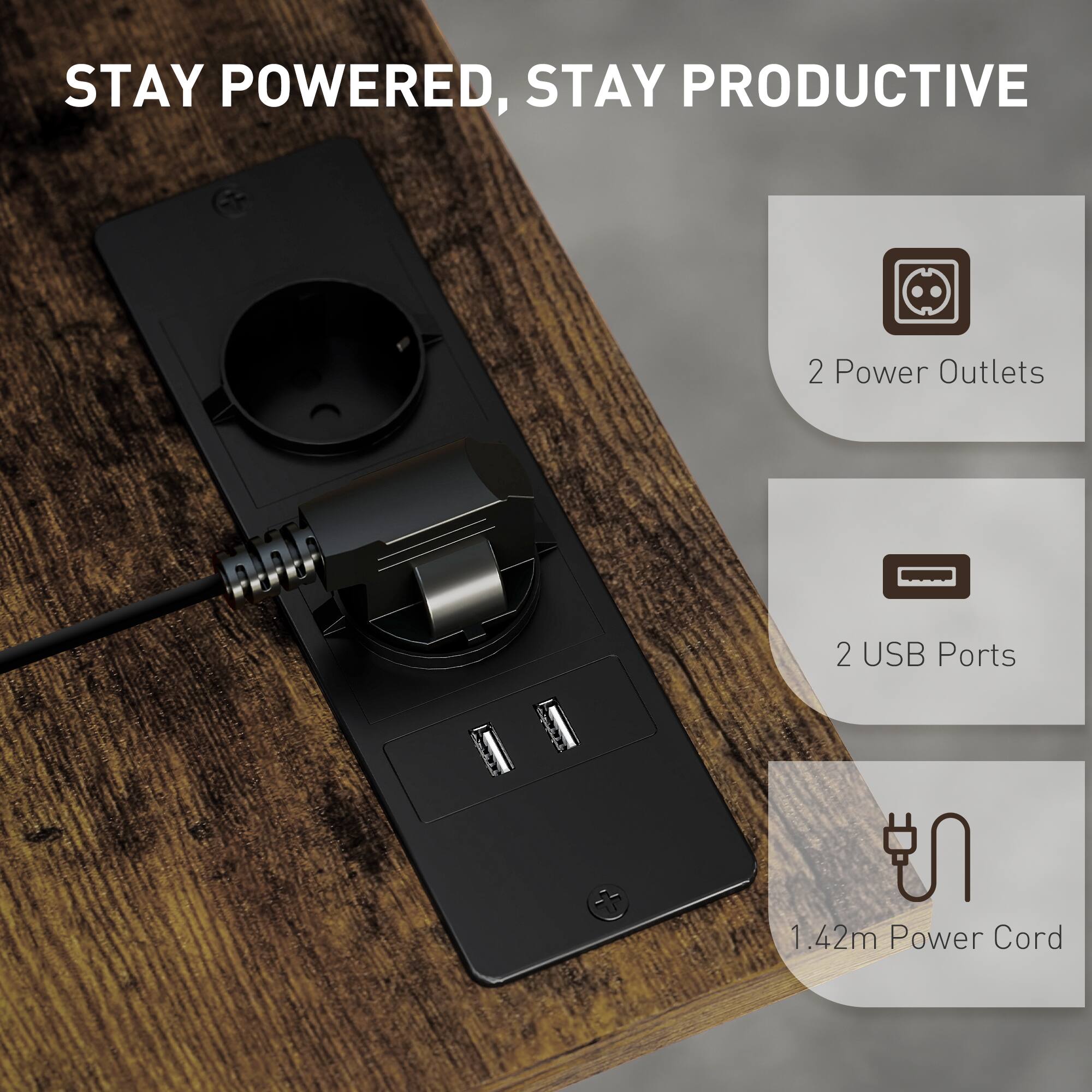 STAY POWERED, STAY PRODUCTIVE

- 2 Power Outlets
- 2 USB Ports
- 1.42m Power Cord
