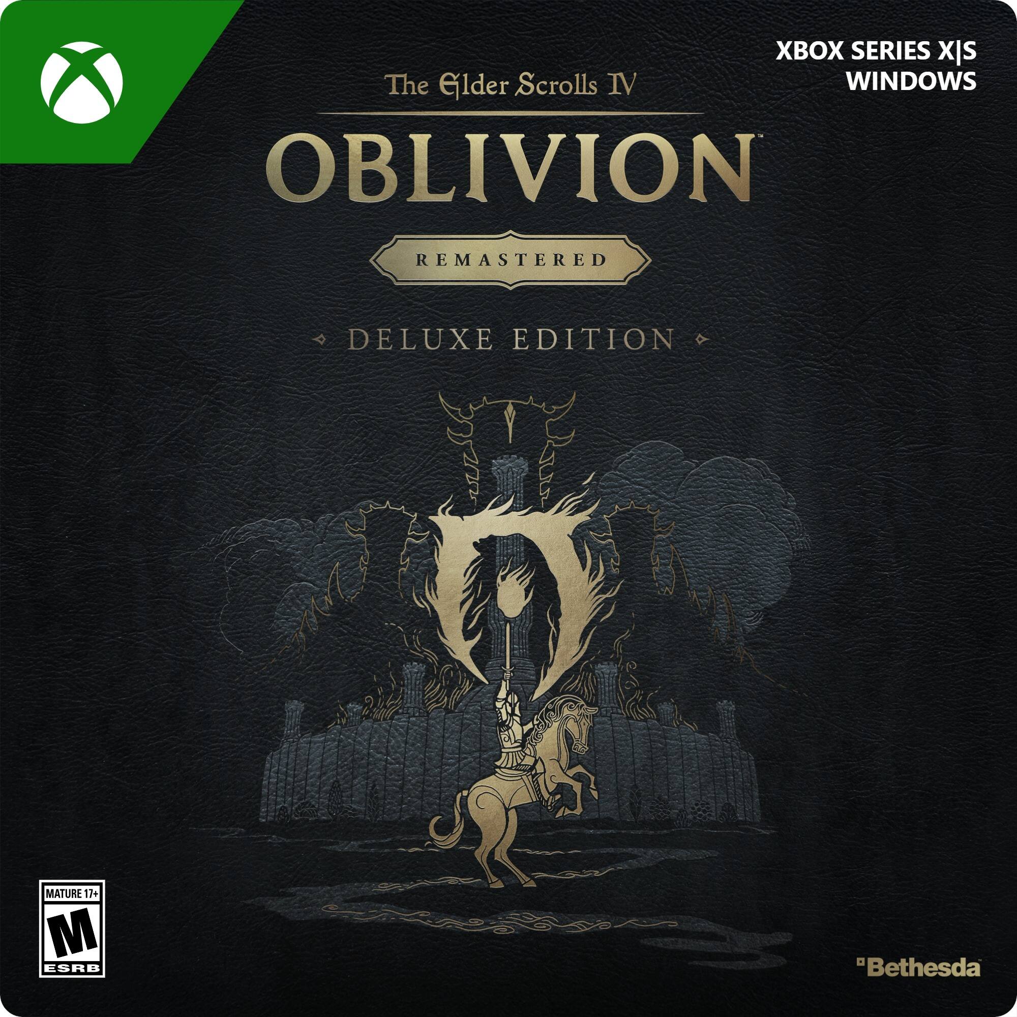 The text on the image reads: "The Elder Scrolls IV Oblivion Remastered Deluxe Edition X Series Windows Mature 17+ ESRB Bethesda." - M (Mature 17+)
