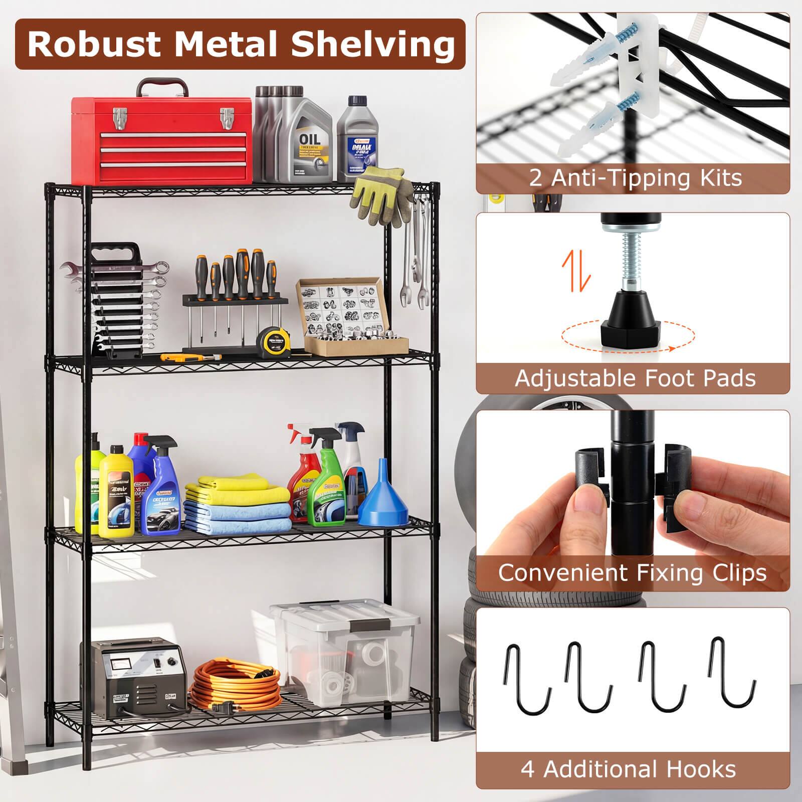 Robust Metal Shelving

- 2 Anti-Tipping Kits
- Adjustable Foot Pads
- Convenient Fixing Clips
- 4 Additional Hooks