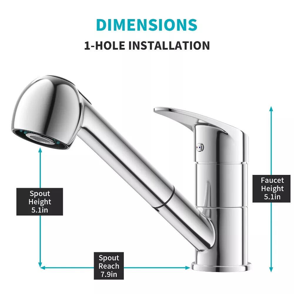 DIMENSIONS 1-HOLE INSTALLATION
- Spout Height: 5.1 in
- Faucet Height: 5.1 in
- Spout Reach: 7.9 in