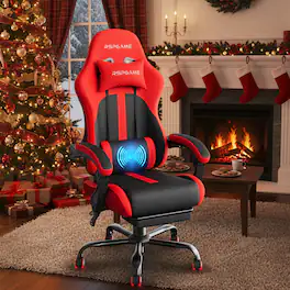 RSPGAME - Basic Gaming Chair PU Leather Ergonomic Spring Cushion Computer Chair w/ Vibration Lumbar Support & Retractable Footrest - Black & Red