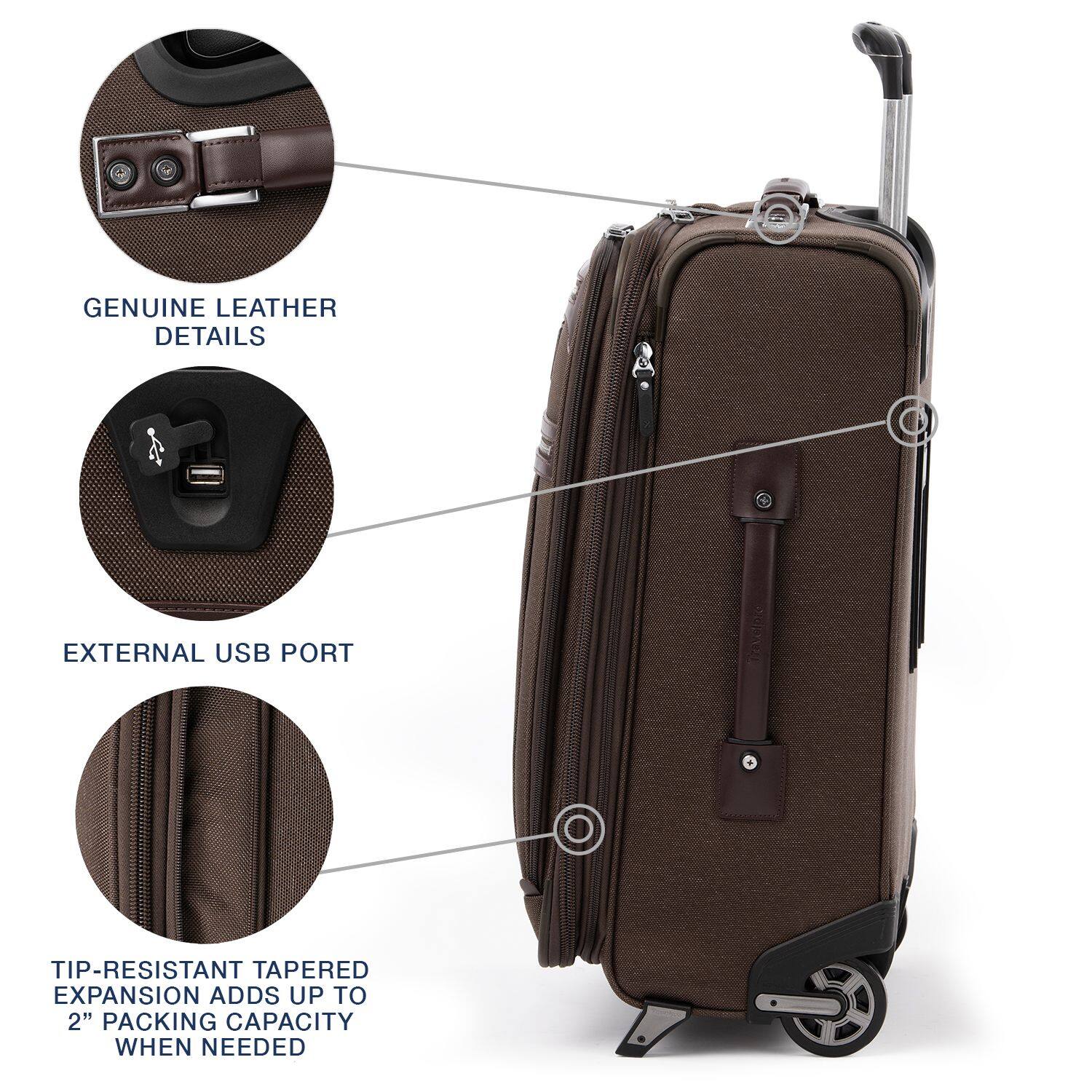 GENUINE LEATHER DETAILS  
EXTERNAL USB PORT  
TIP-RESISTANT TAPERED EXPANSION ADDS UP TO 2" PACKING CAPACITY WHEN NEEDED