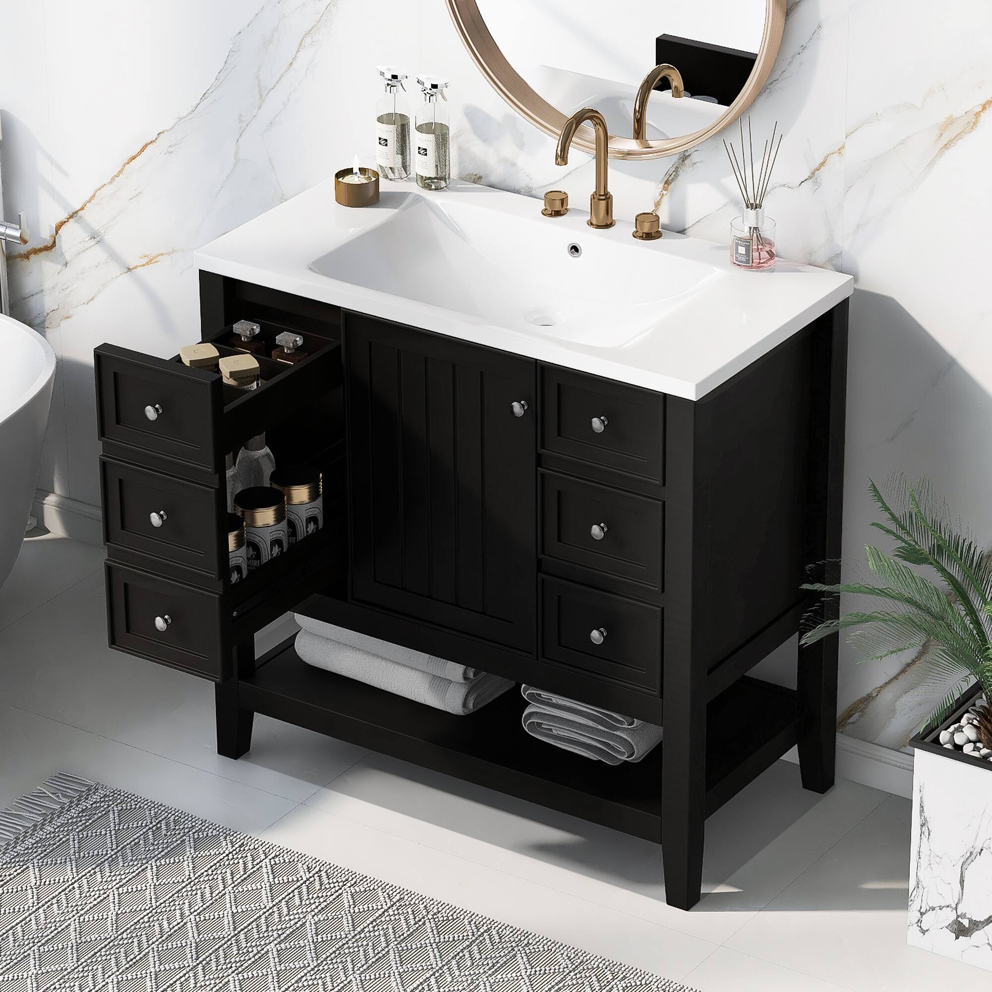 Left. Tiramisubest - 36" Bathroom Vanity with Sink Combo, One Cabinet and Three Drawers, Solid Wood and MDF Board, Black - Black.